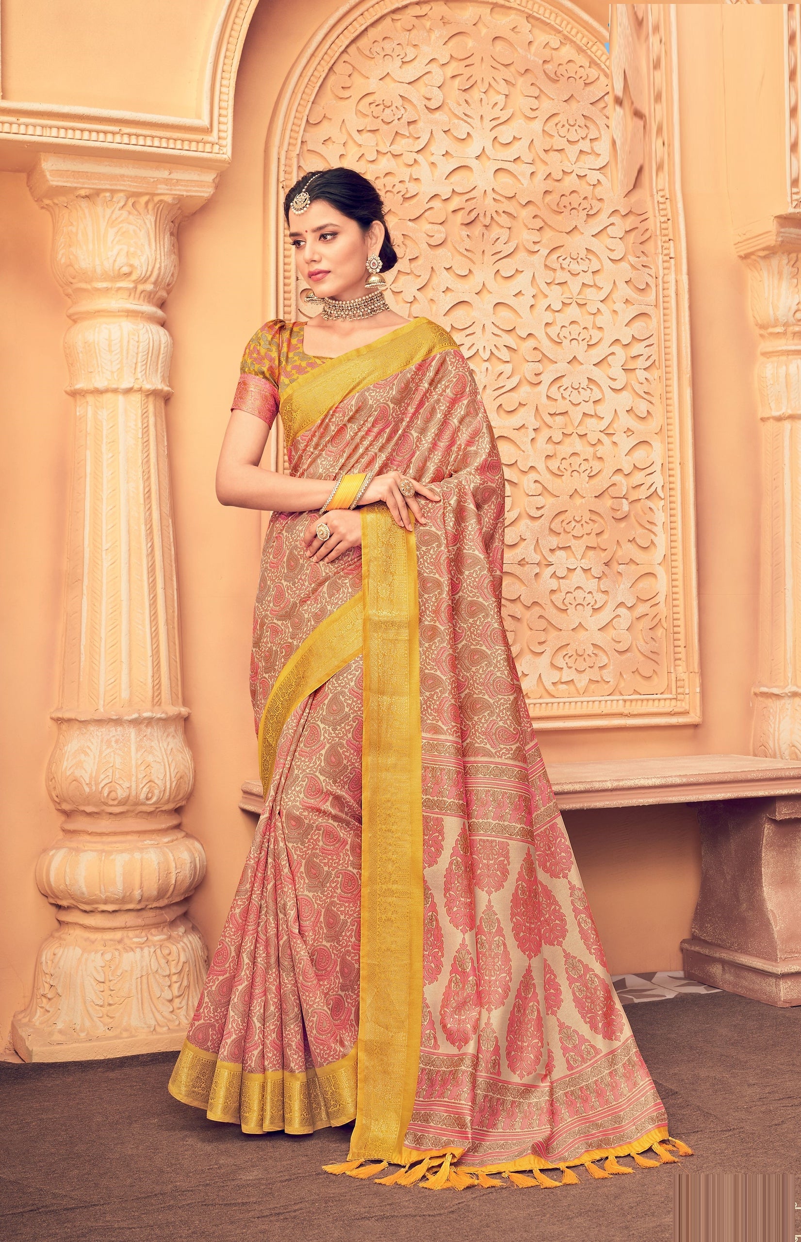 Cream and Pink Color Bhagalpuri Silk Saree  - Nived Collection YF#21694 - YellowFashion.in by Ozone Shield