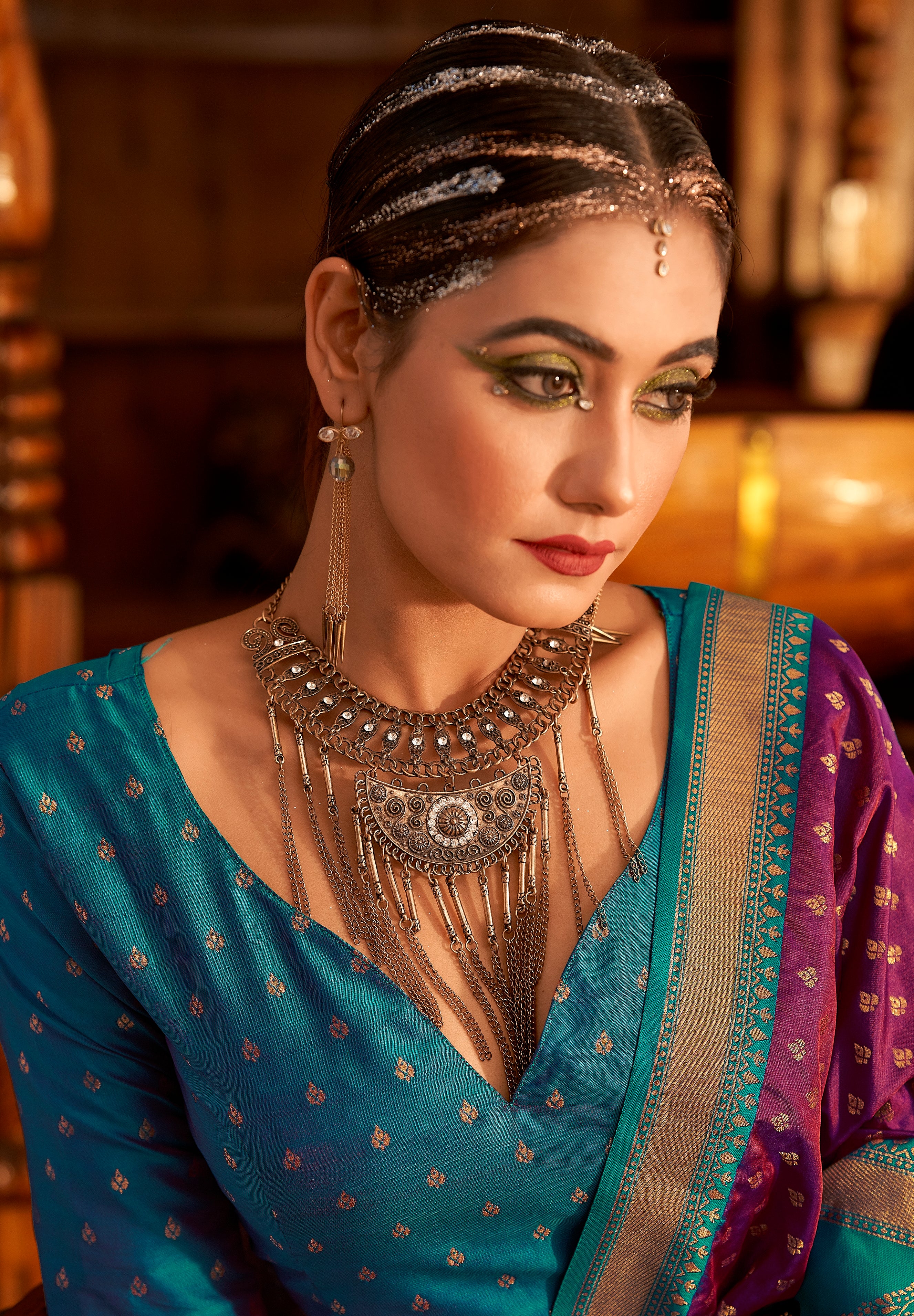 Magenta and Blue Color Banarasi Silk  with Copper Zari WeavingSaree -Vrishab  Collection YF#24159