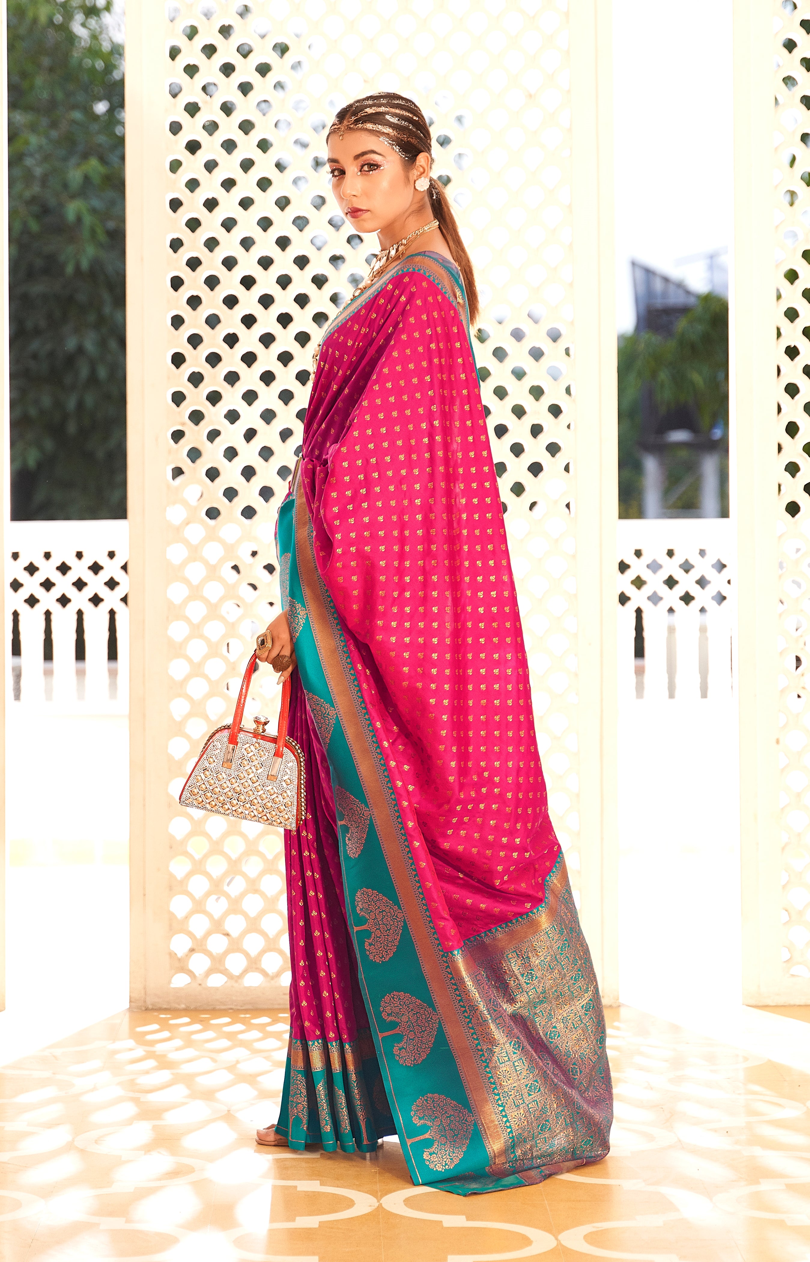 Pink and Blue Color Banarasi Silk  with Copper Zari WeavingSaree -Vrishab  Collection YF#24160
