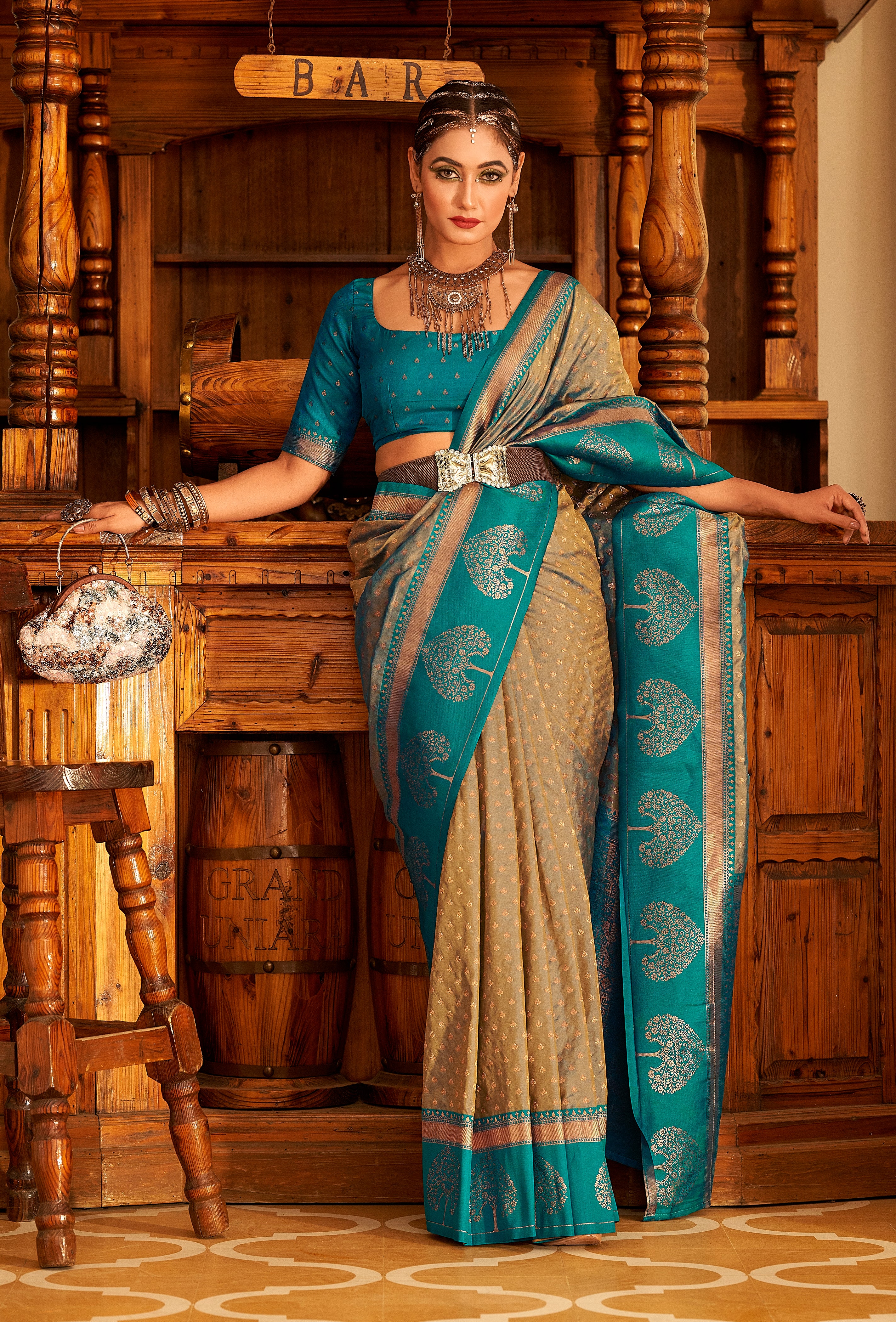 Mud and Blue Color Banarasi Silk  with Copper Zari WeavingSaree -Vrishab  Collection YF#24161