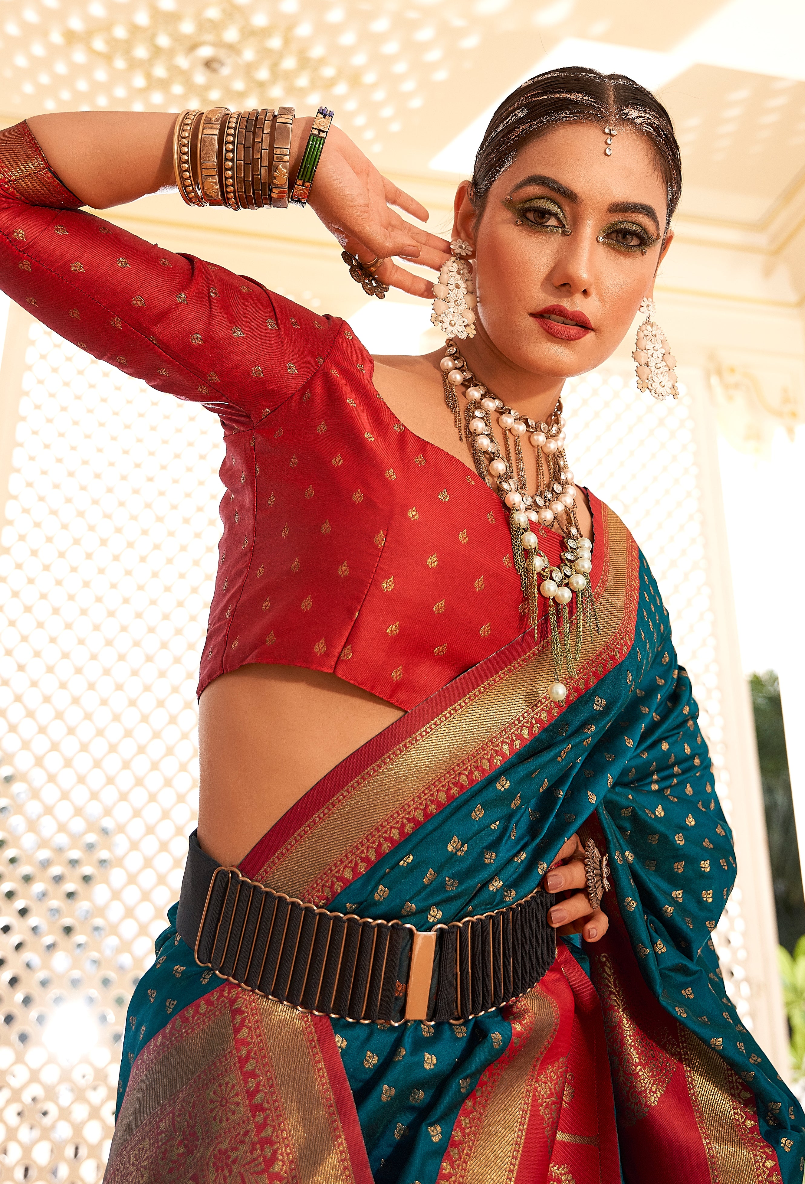 Teal  and Red Color Banarasi Silk  with Copper Zari WeavingSaree -Vrishab  Collection YF#24162
