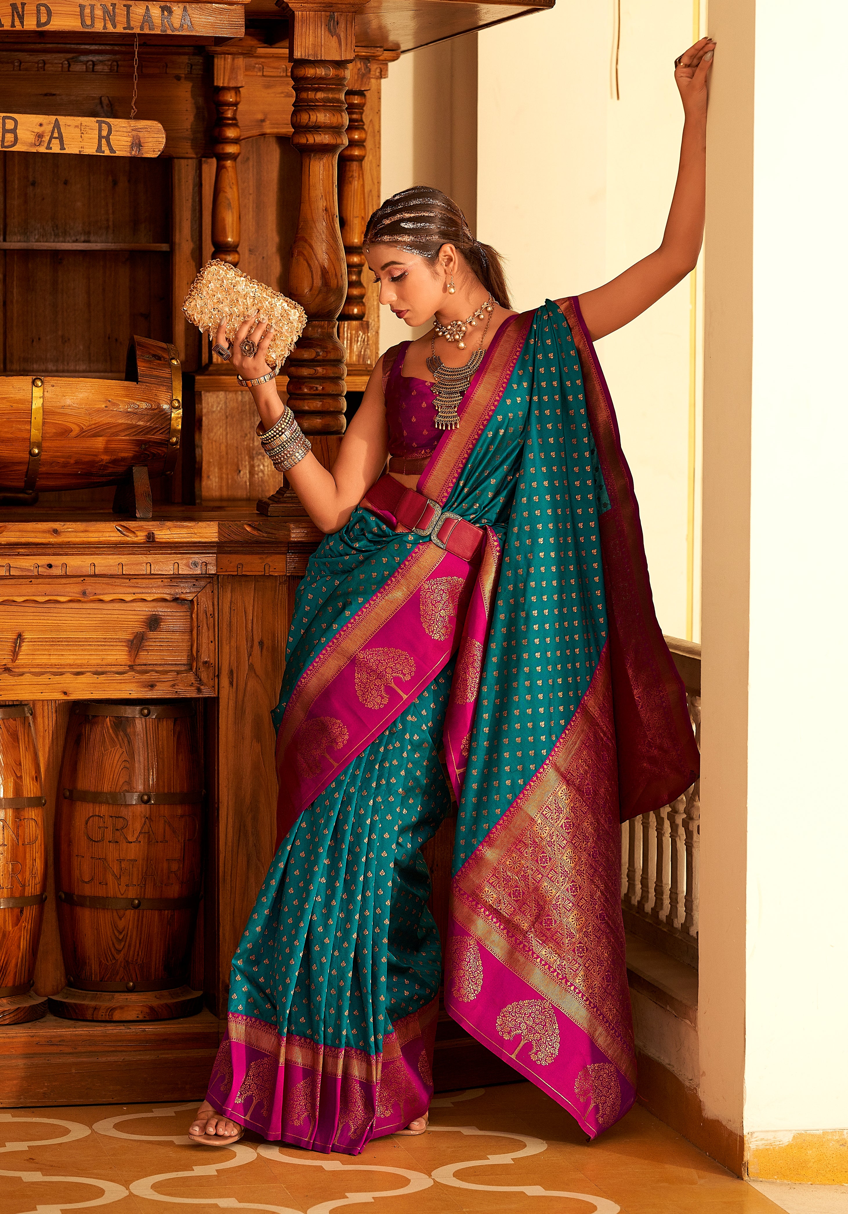Blue and Pink Color Banarasi Silk  with Copper Zari WeavingSaree -Vrishab  Collection YF#24163