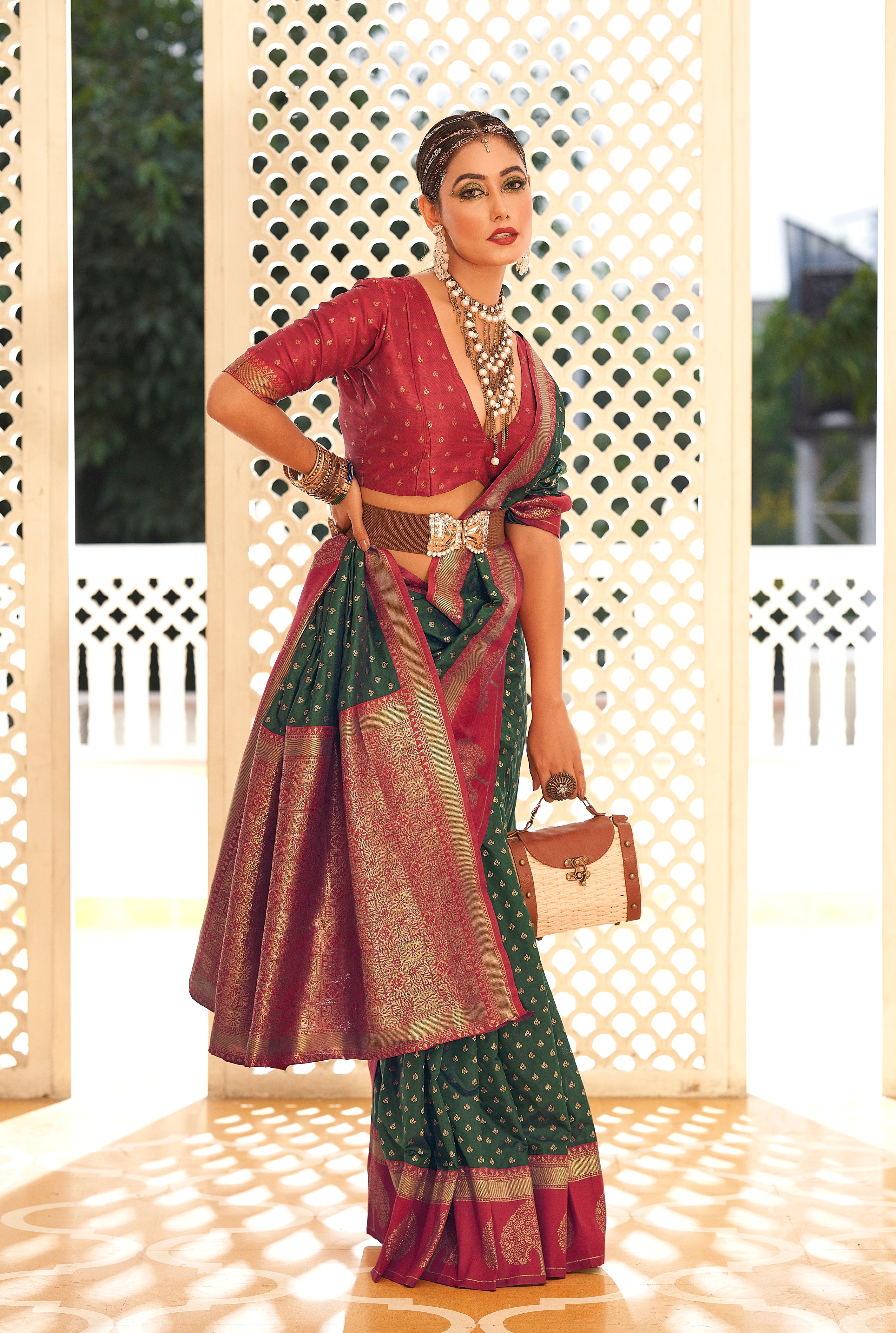 Bottle green and Red Color Banarasi Silk  with Copper Zari WeavingSaree -Vrishab  Collection YF#24164