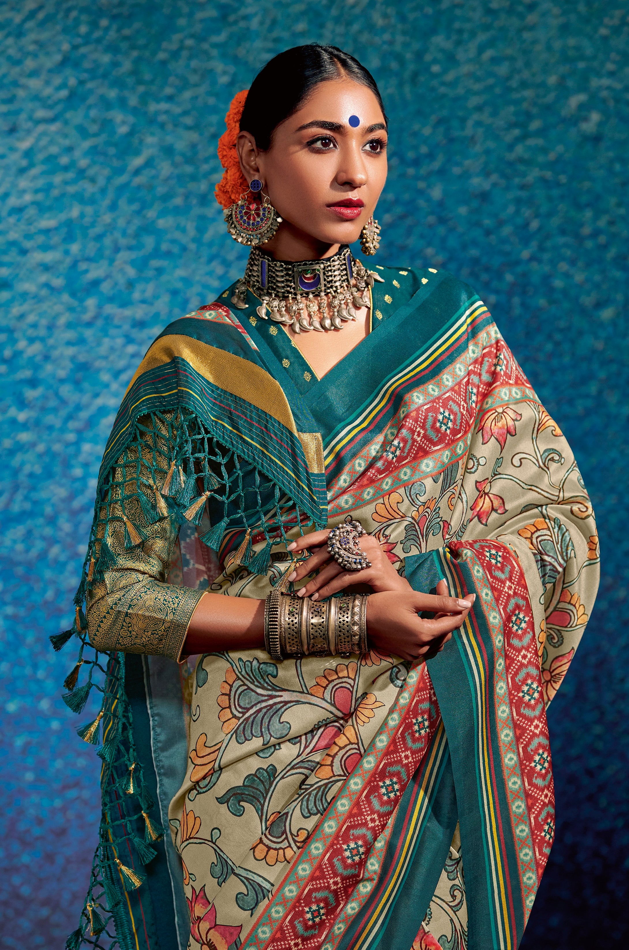 Cream and Blue Color Kalamkari Tusser Silk Saree -Chitraa  Collection YF#24147