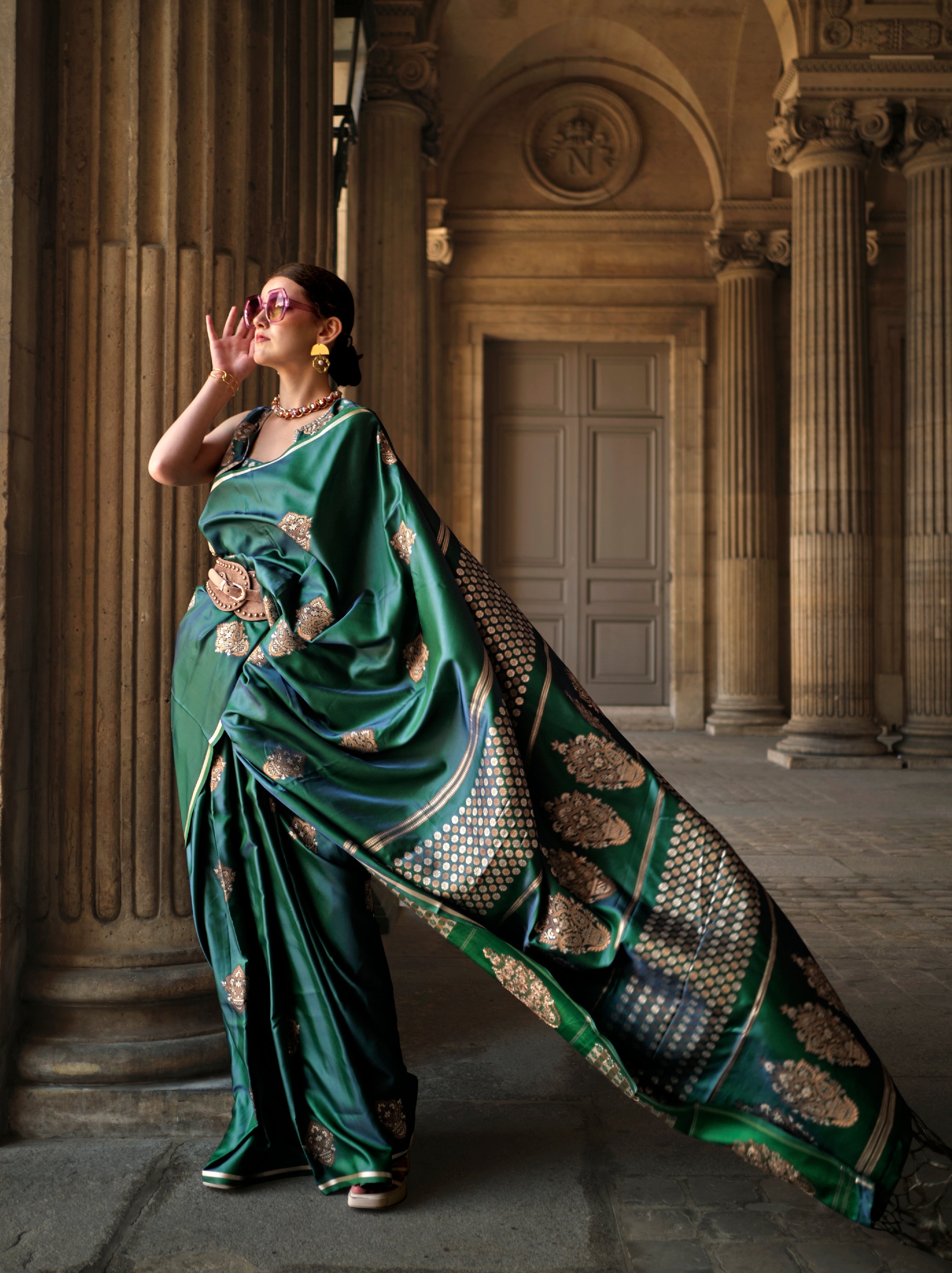 Peacock Green Color Satin Handloom Weaving Saree -Falak Collection YF#24319
