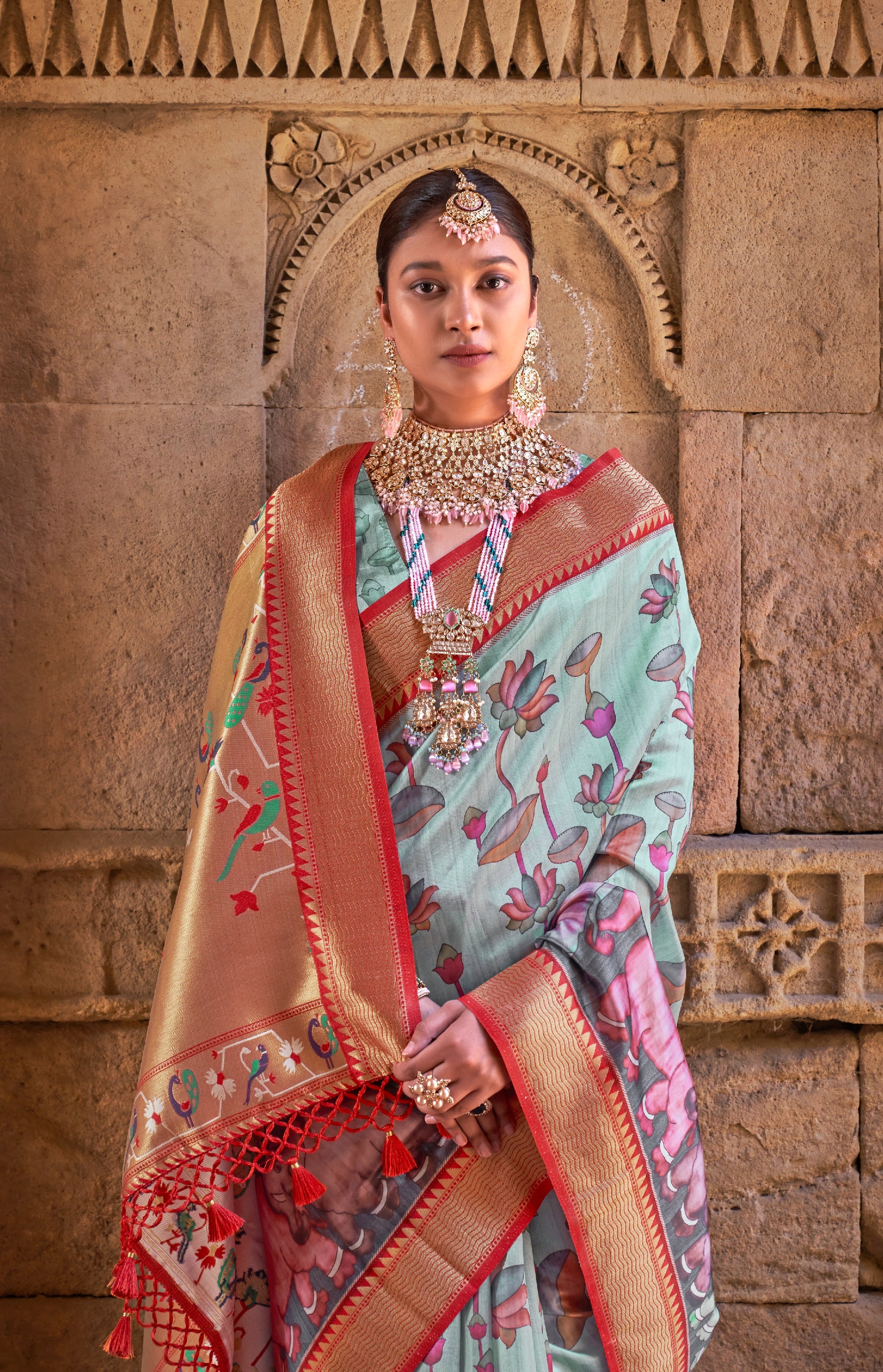 Powder Blue Color Digital Printed Paithani Silk Saree -Shavan  Collection YF#24157