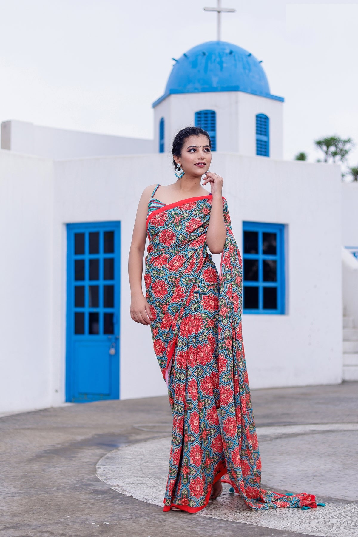 Blue and Red Color Faux Georgette Saree  - Shahin Collection YF#23898