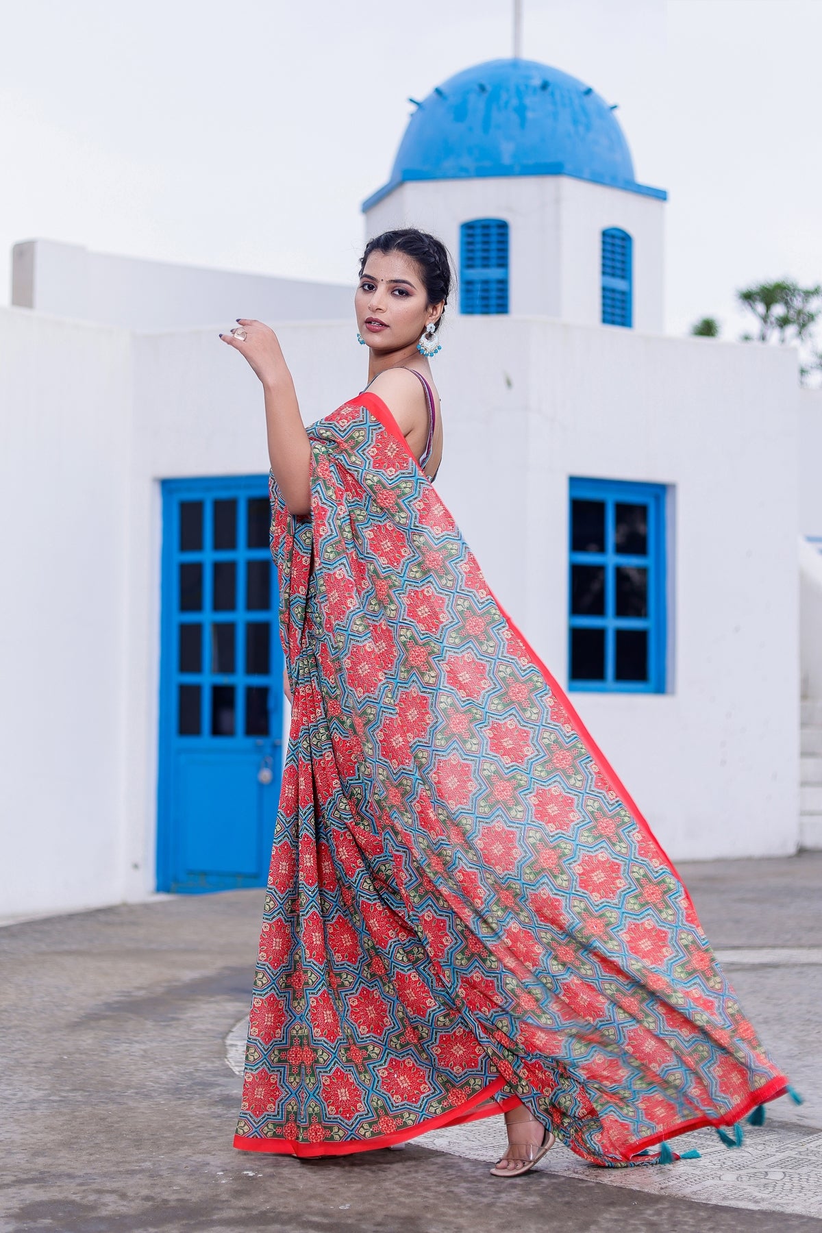 Blue and Red Color Faux Georgette Saree  - Shahin Collection YF#23898