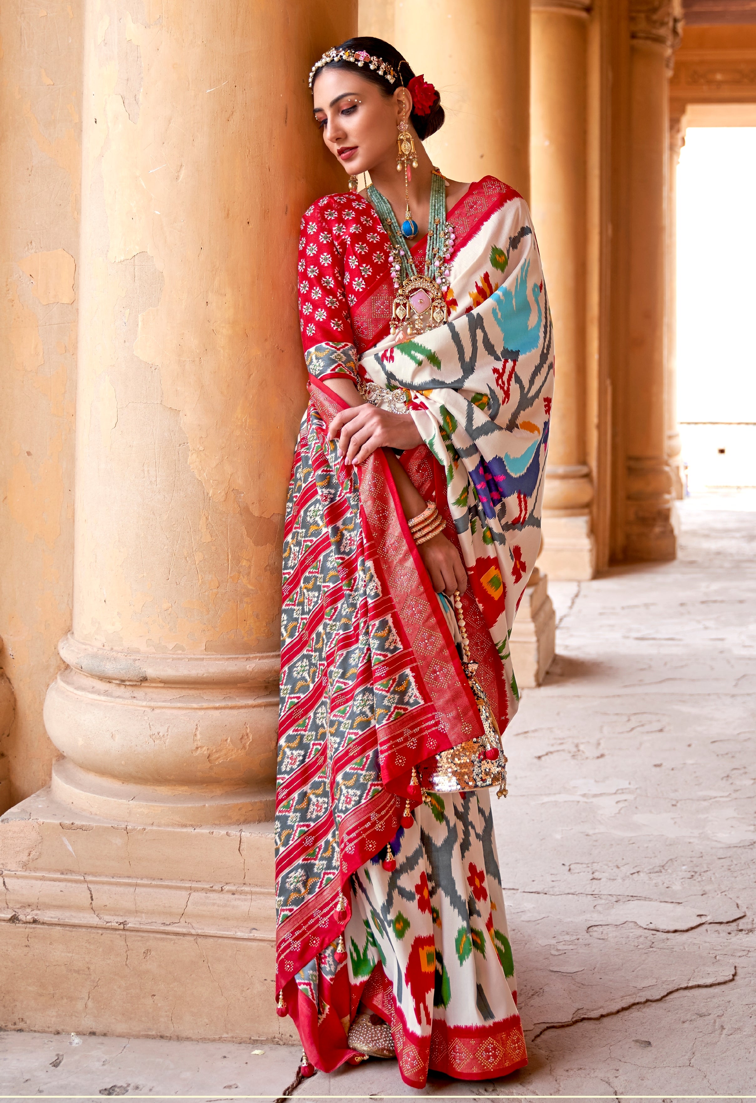 White and Red Color Patola  Silk Saree -Saptshri  Collection YF#24227