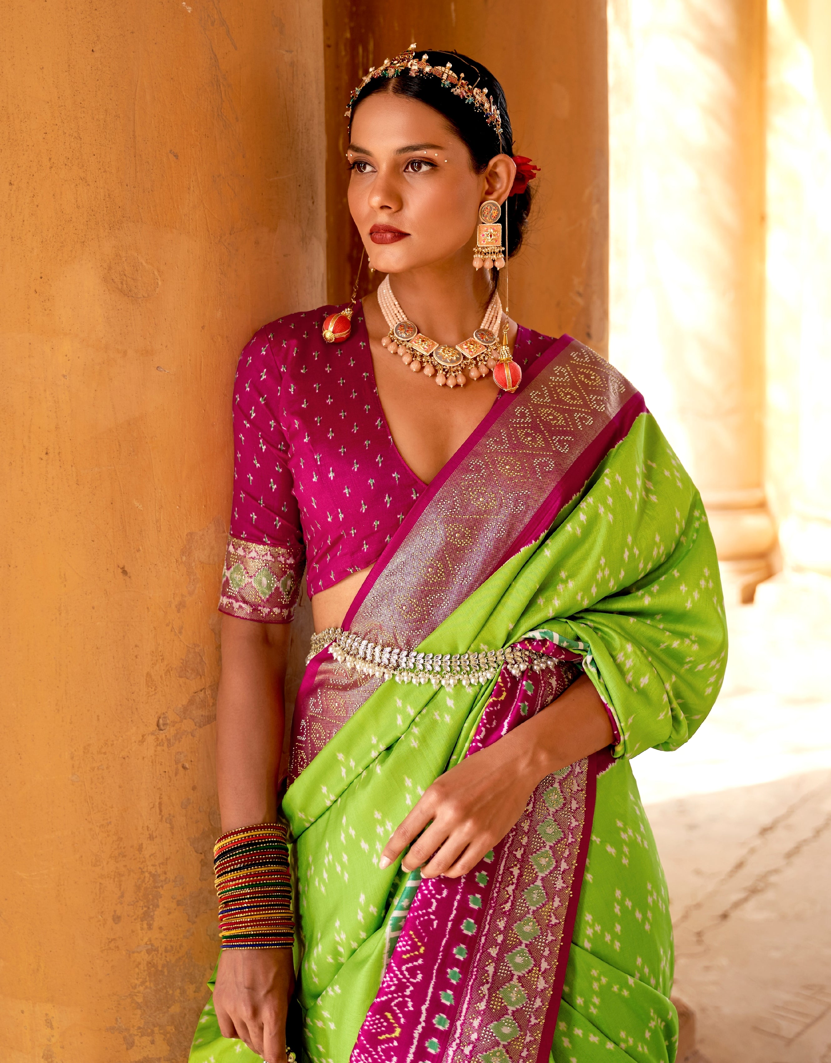 Green and Pink Color Patola  Silk Saree -Saptshri  Collection YF#24229