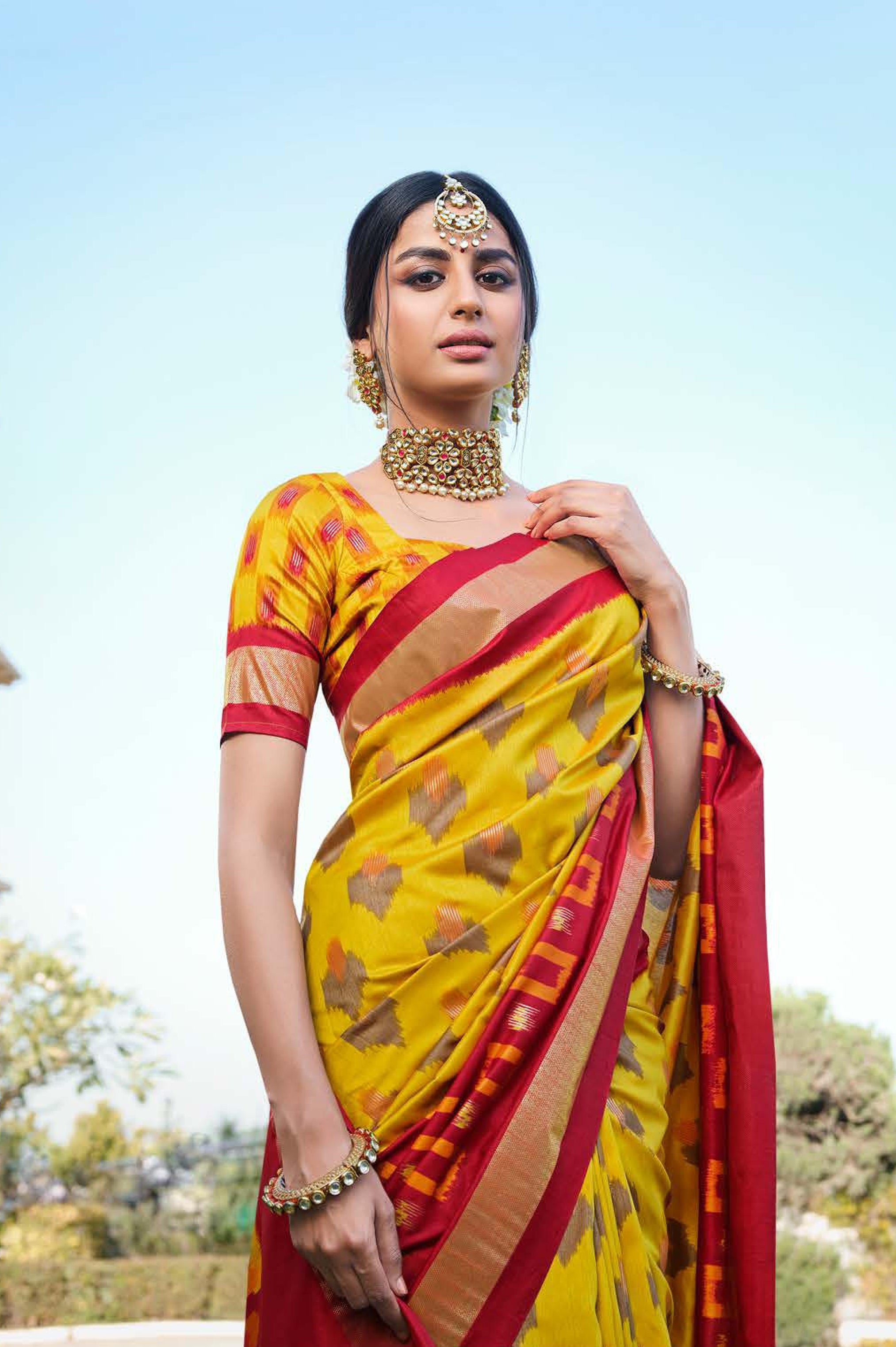 Lime Yellow and Red Color Bhagalpuri Silk Saree  - Tulip Collection YF#20870 - YellowFashion.in by Ozone Shield