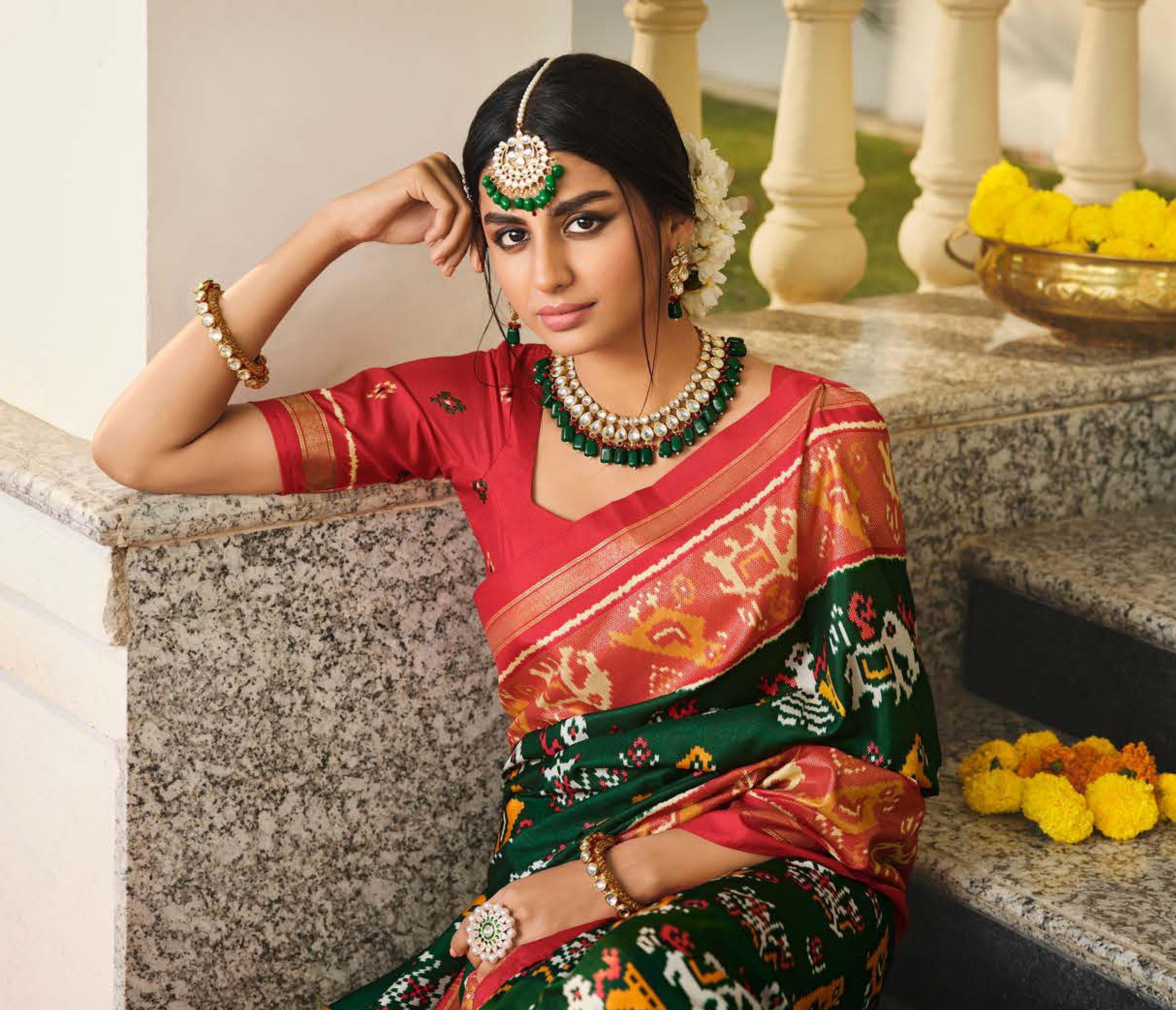 Bottle Green and Red Color Bhagalpuri Silk Saree  - Tulip Collection YF#20875 - YellowFashion.in by Ozone Shield