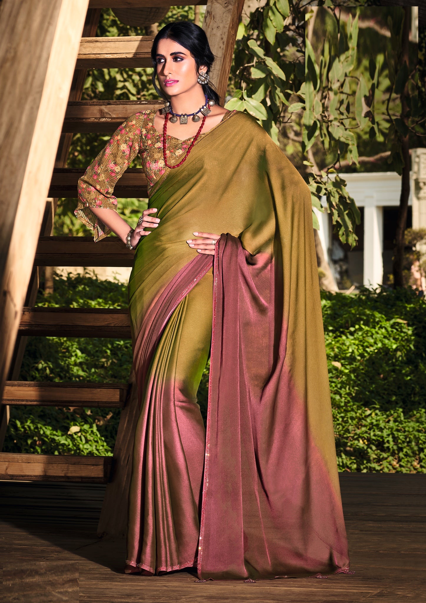 Green and Pink Color Velvet chiffon material With fancy tassels And stoned border pallu with Sequence digital blouse 
 
Saree -  Aleena  Collection YF#21279 - YellowFashion.in by Ozone Shield