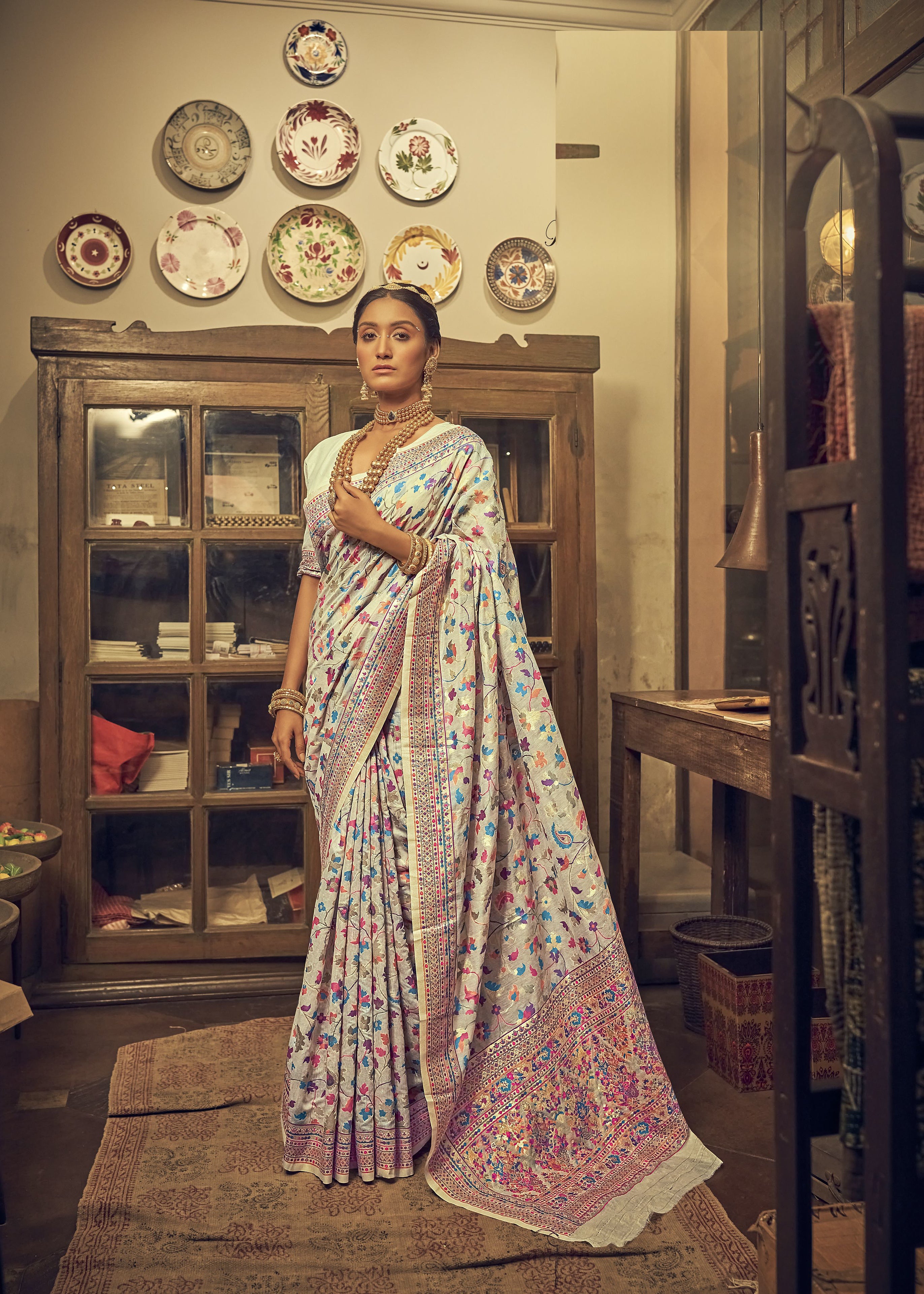 Off White Color Pure Kashmiri   Traditional Wear Silk Saree -Urmik Collection YF#23066