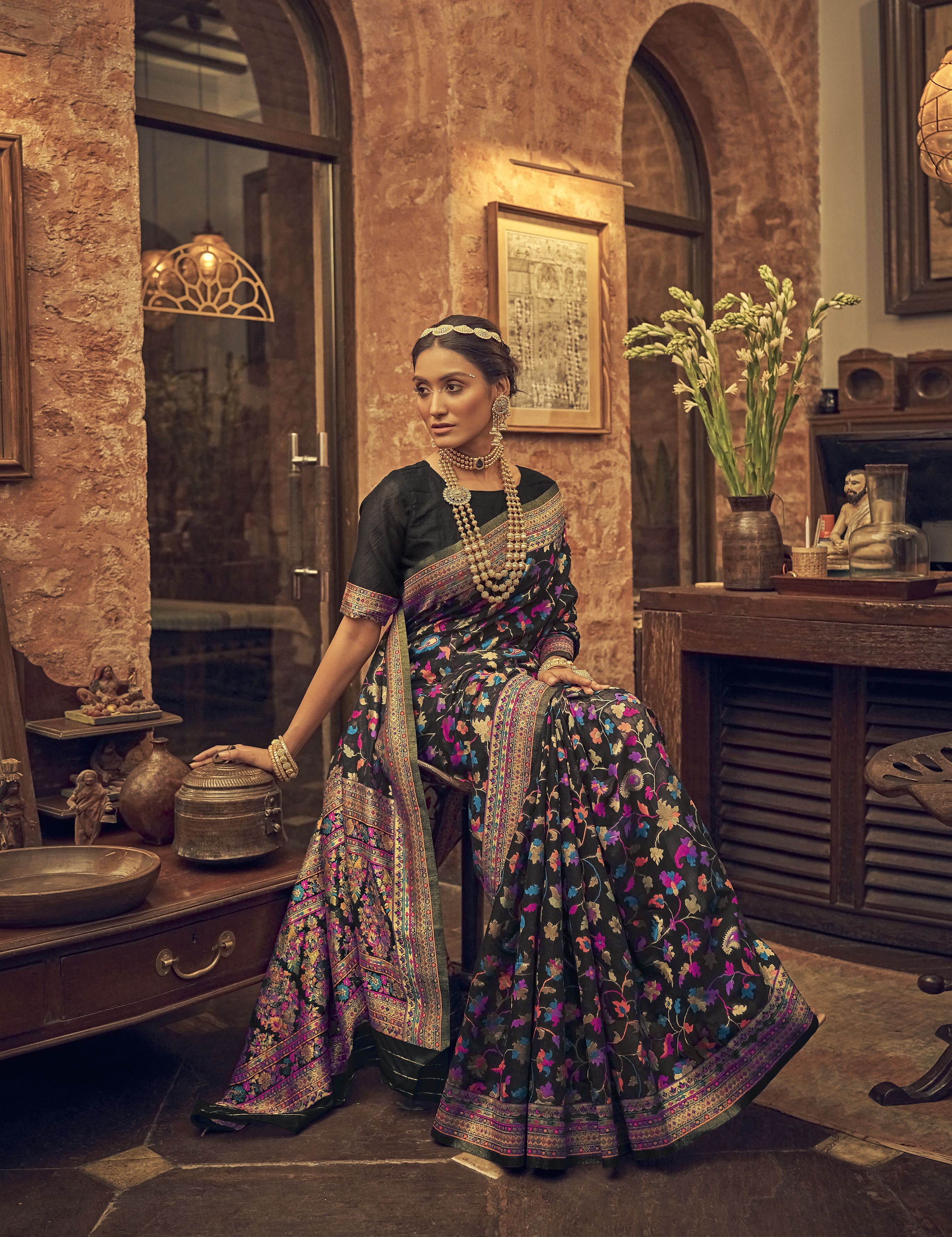 Black Color Pure Kashmiri   Traditional Wear Silk Saree -Urmik Collection YF#23068