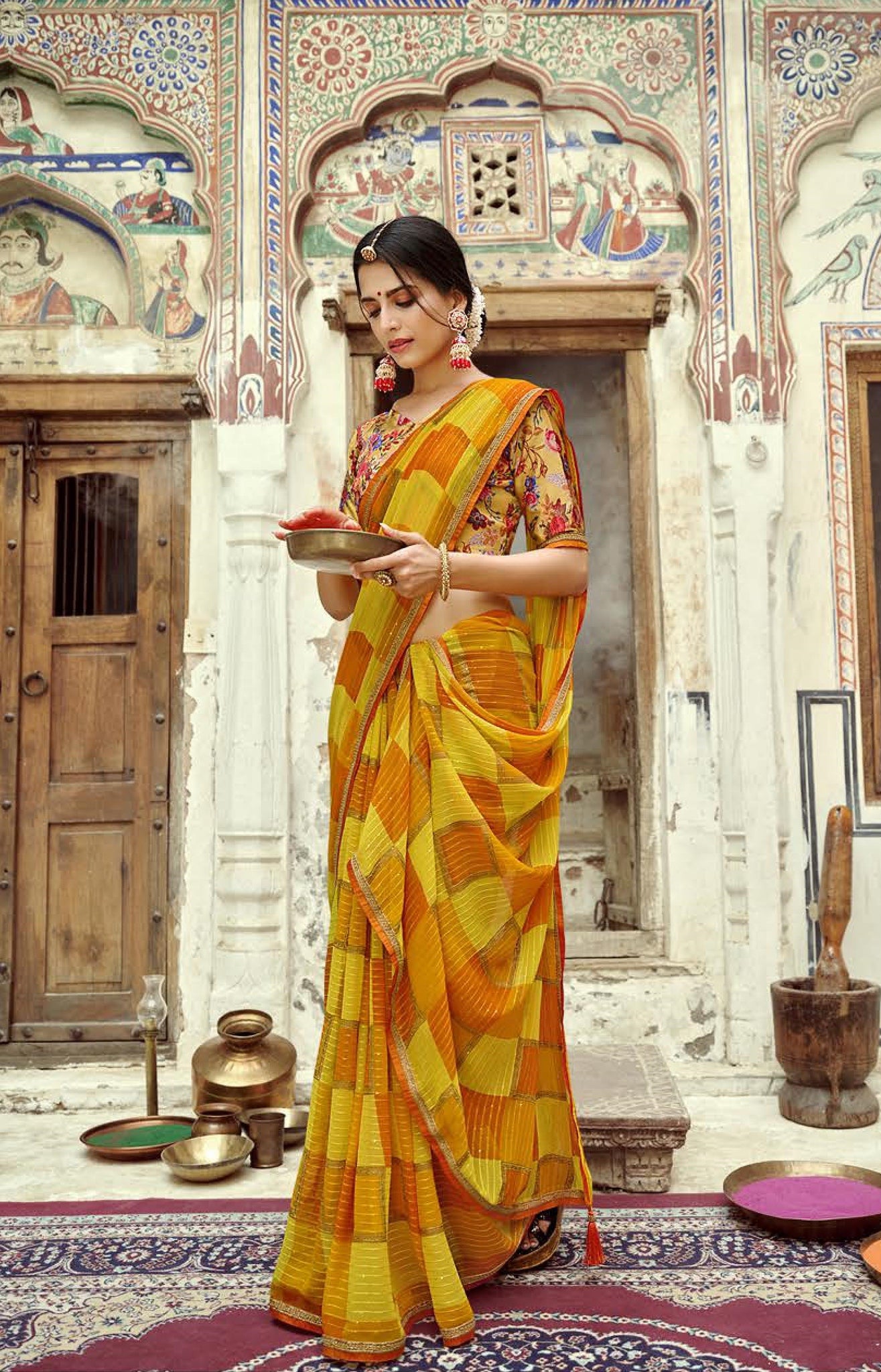 Shades of yellow Color Crochet Georgette Saree - Adila Collection YF#21437 - YellowFashion.in by Ozone Shield