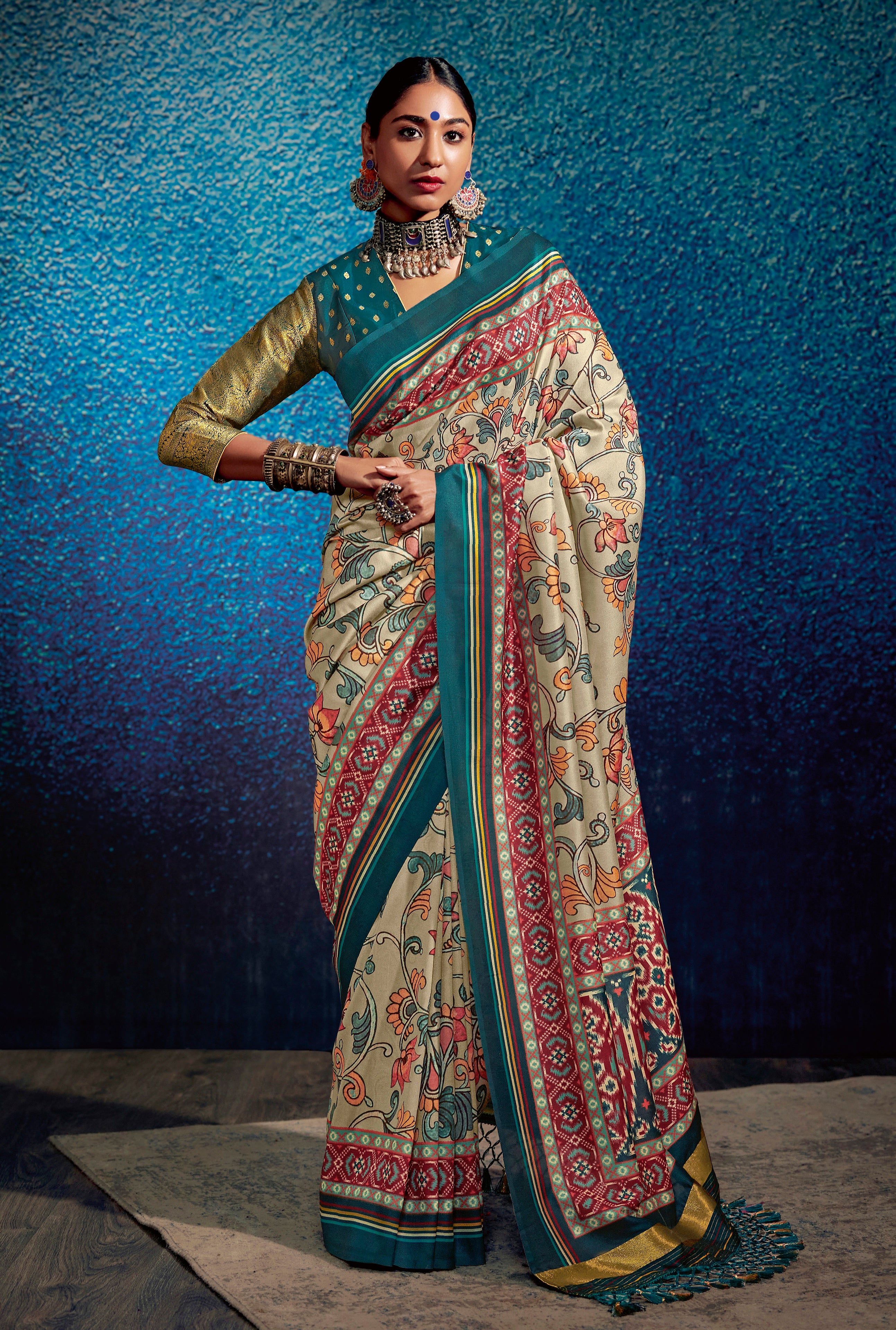 Cream and Blue Color Kalamkari Tusser Silk Saree -Chitraa  Collection YF#24147