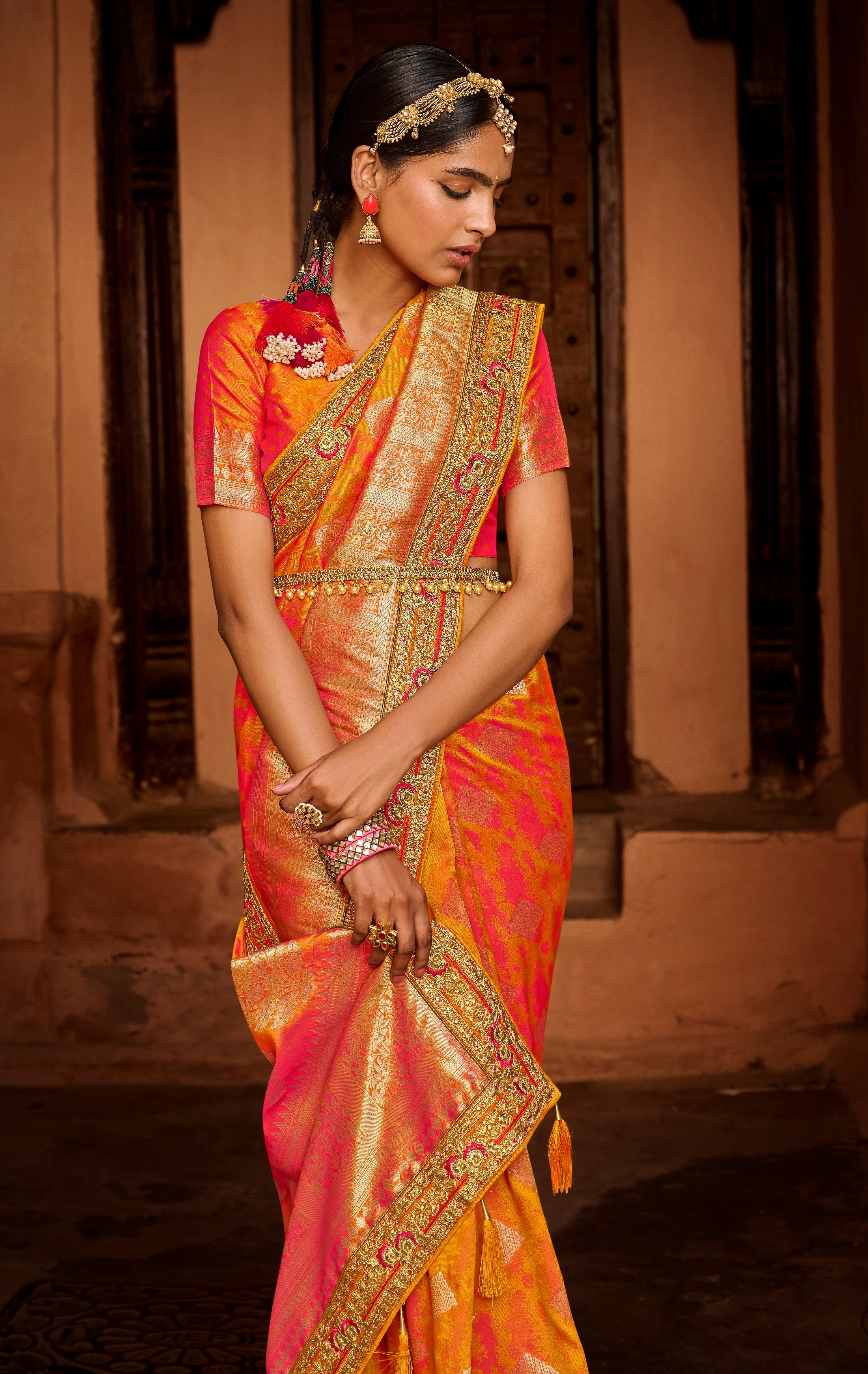 Shade of Pink and Turmeric Yellow Color Designer Silk Saree (Includes two blouse material - Heavy work blouse and Art silk plain Blouse) - Poshak Collection YF#19099 - YellowFashion.in by Ozone Shield