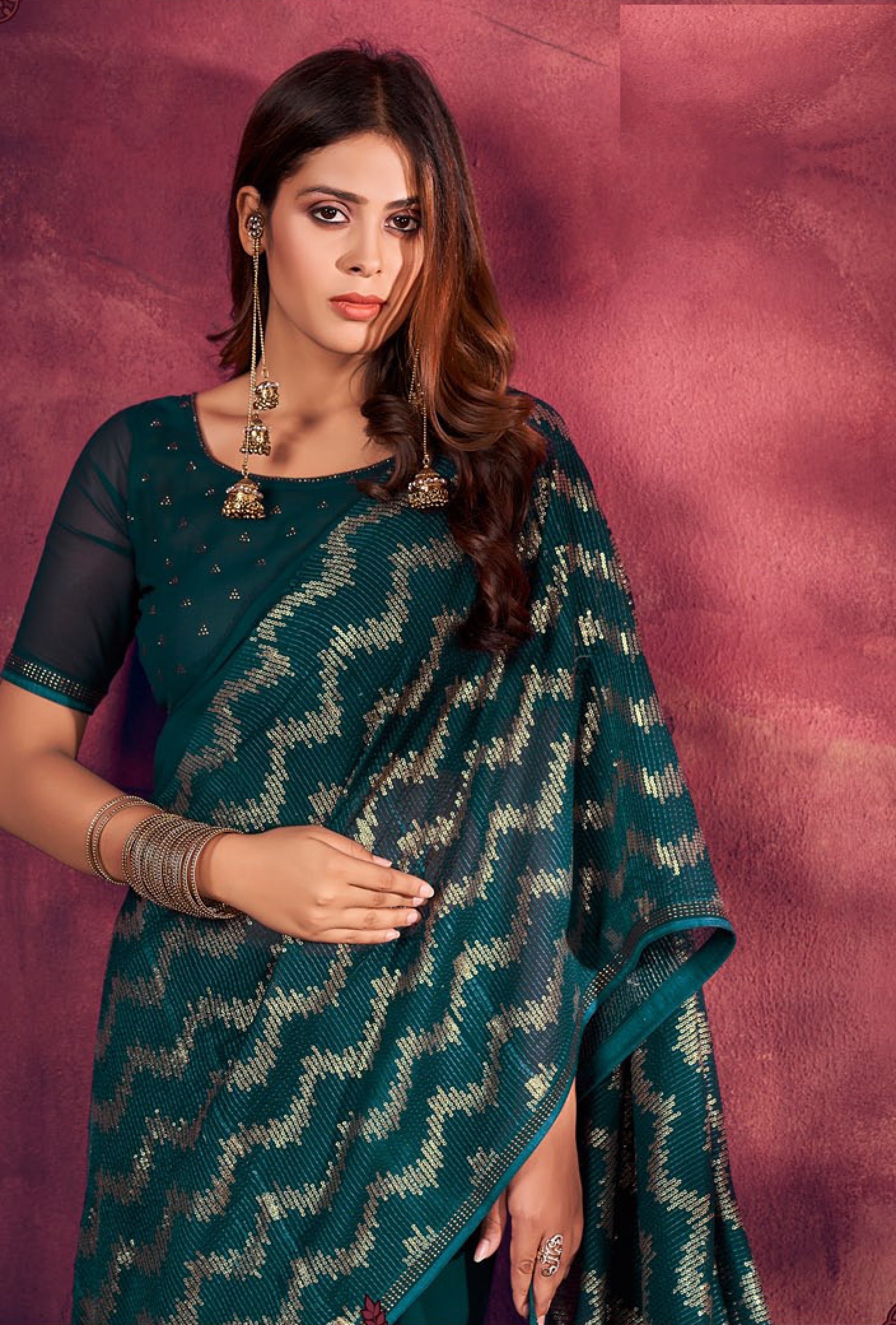 Teal Color Pure Georgette Sequin Saree - Tirja Collection YF#22931
