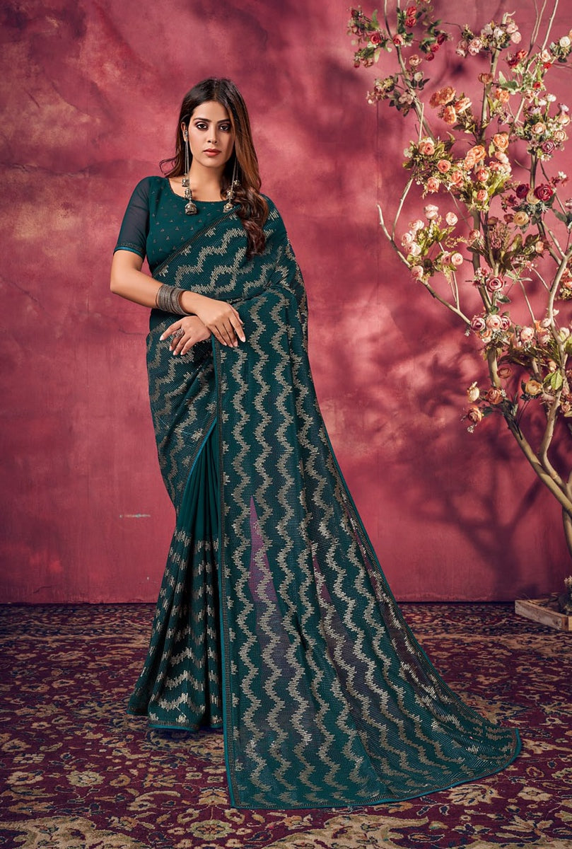 Teal Color Pure Georgette Sequin Saree - Tirja Collection YF#22931