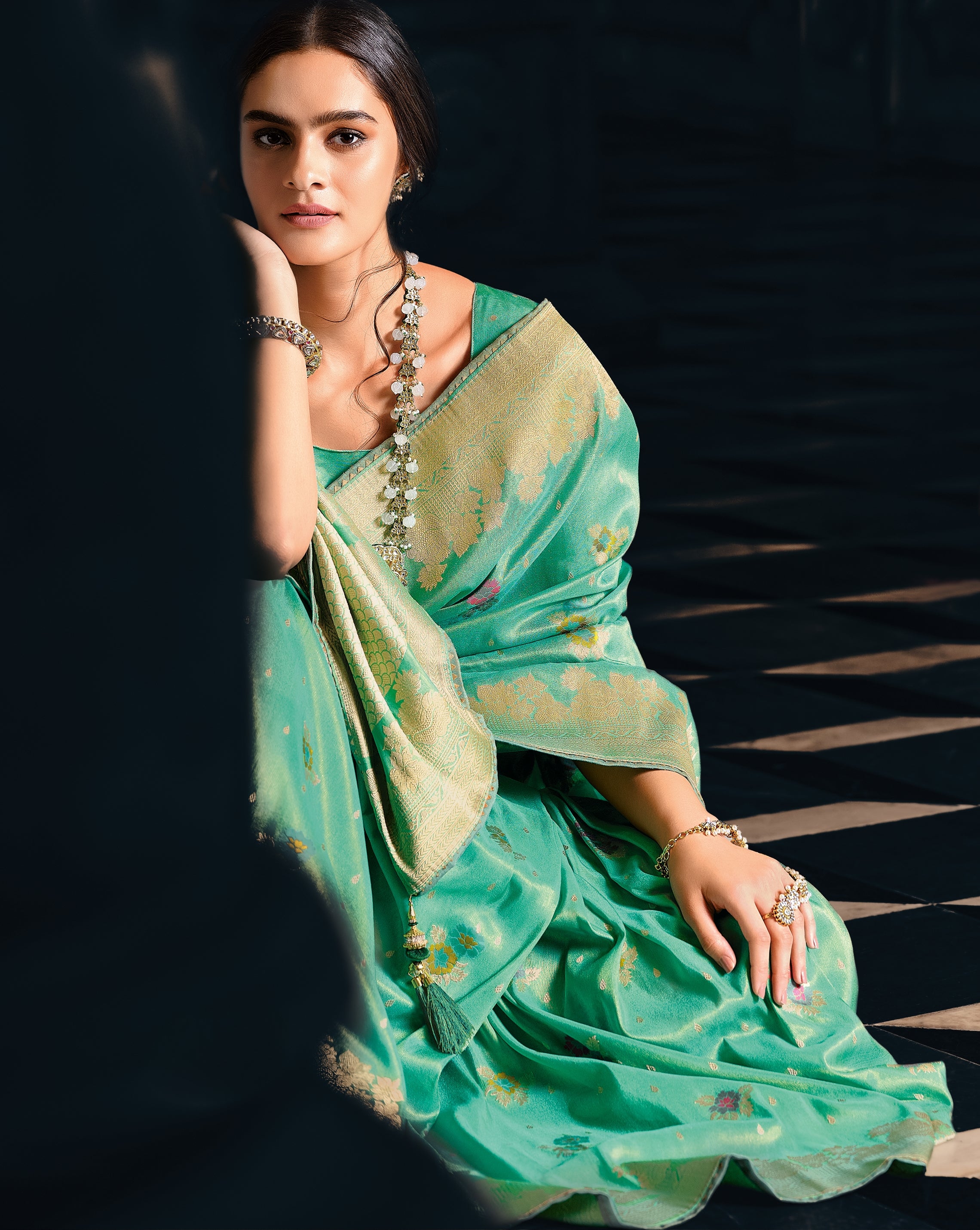 Aqua Color Pure Tissue With Mina Weaving Saree - Antara  Collection YF#22939