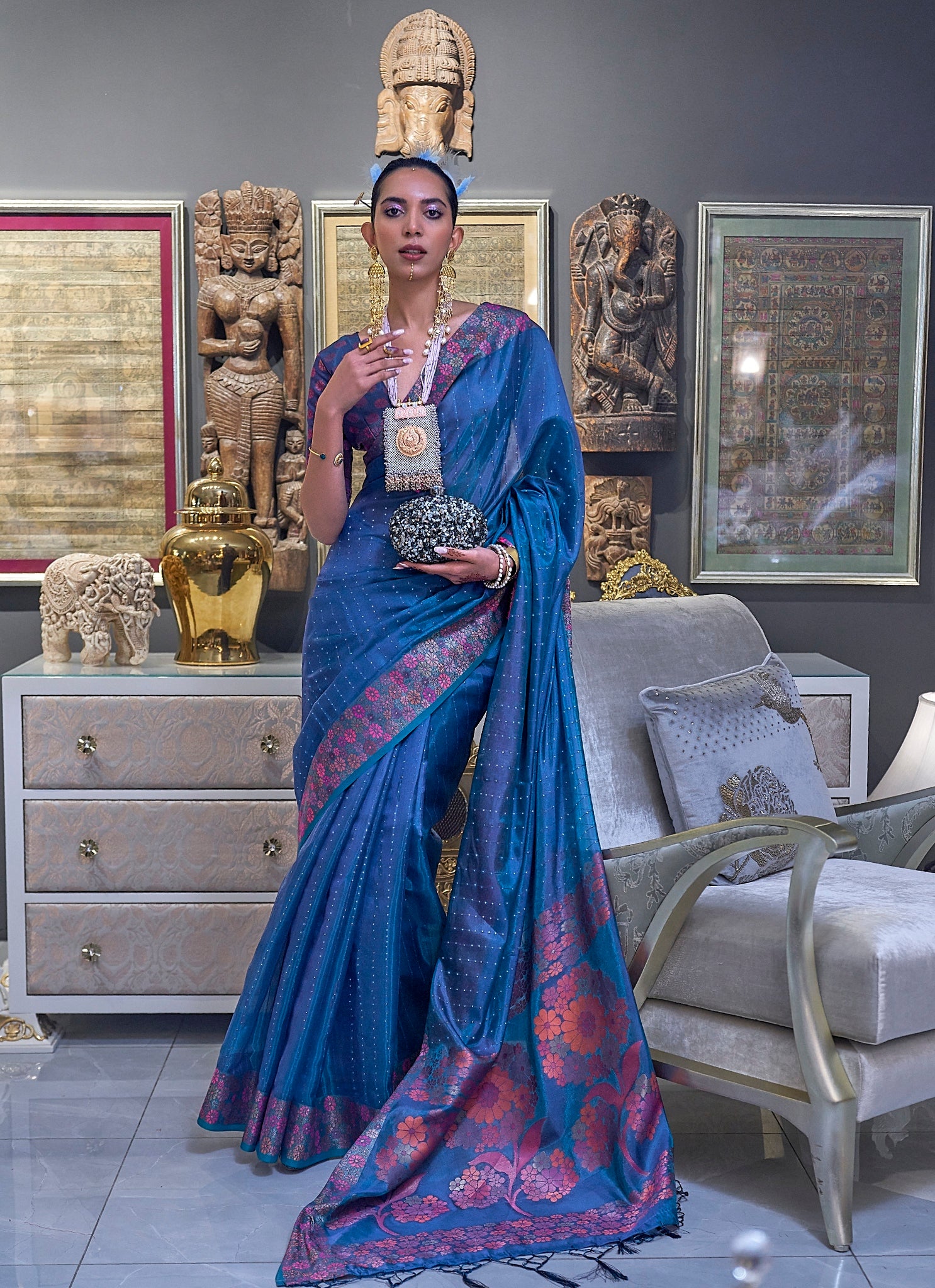 Ink Blue Color Sequence Organza   Saree -Vrushi Collection YF#23164