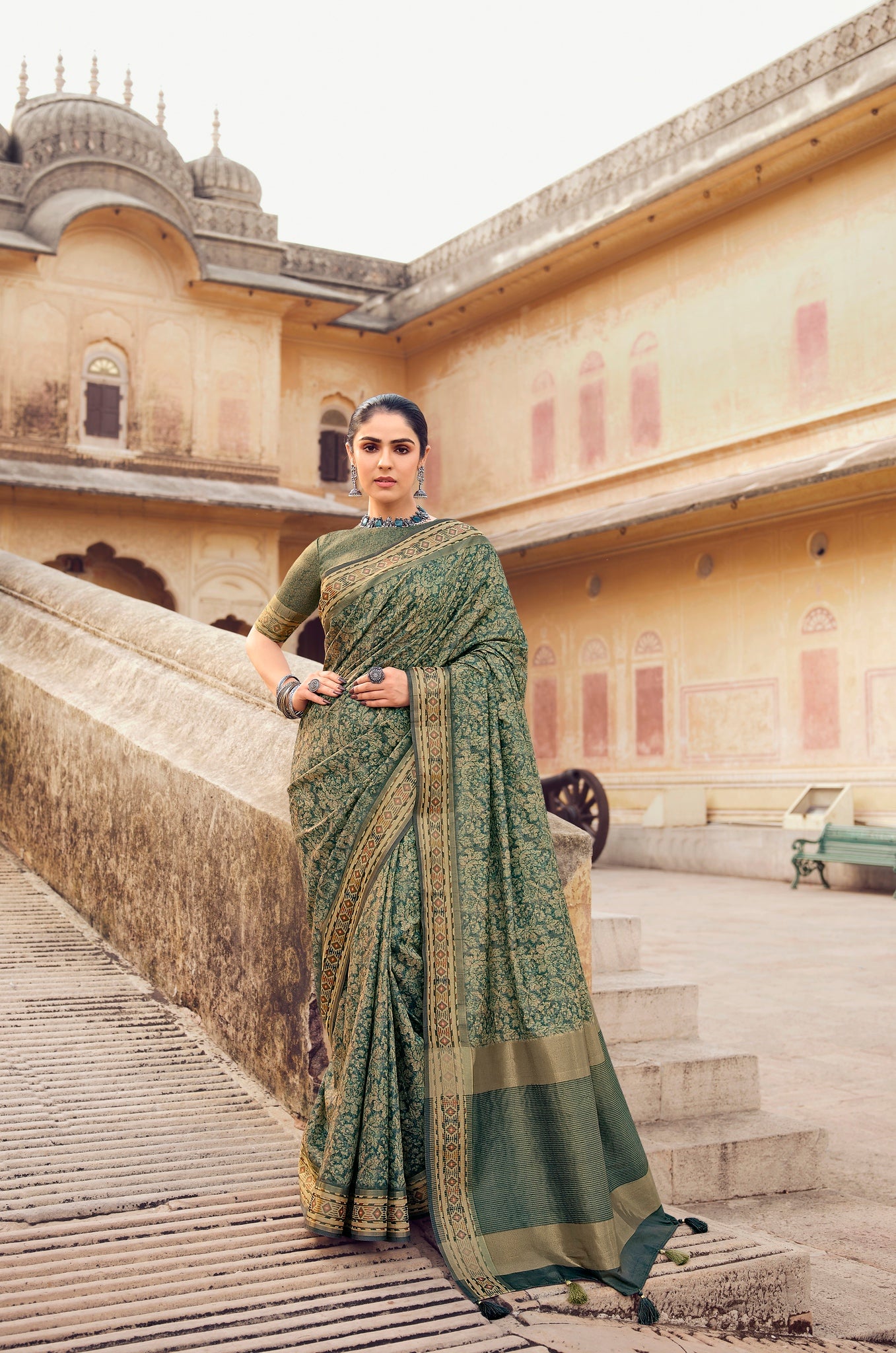 Green and Cream Color Chappa Silk   Traditional Wear Silk Saree - Prerana Collection YF#22925