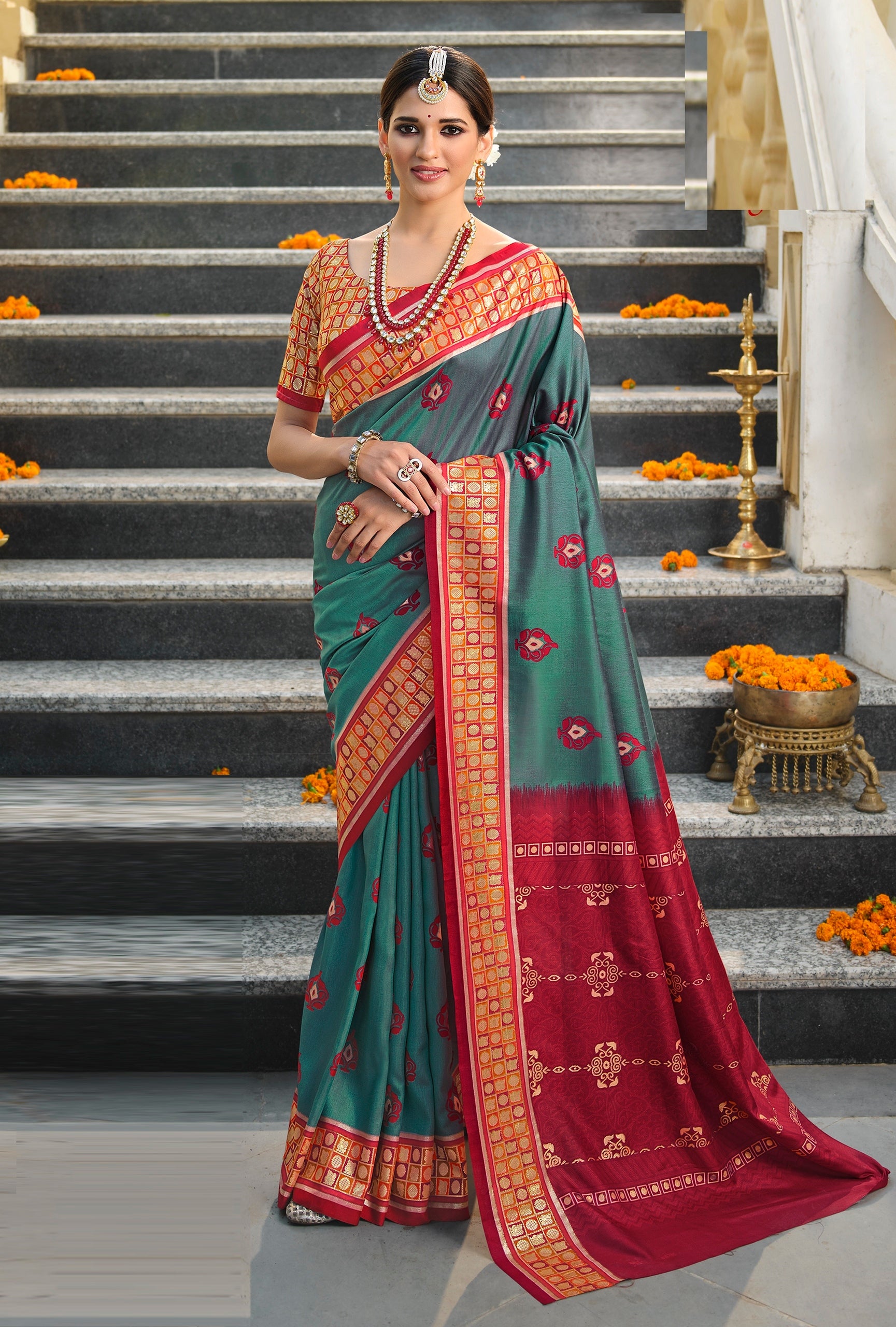 Green and Red Color Bhagalpuri Silk Saree  - Tulip Collection YF#20862 - YellowFashion.in by Ozone Shield
