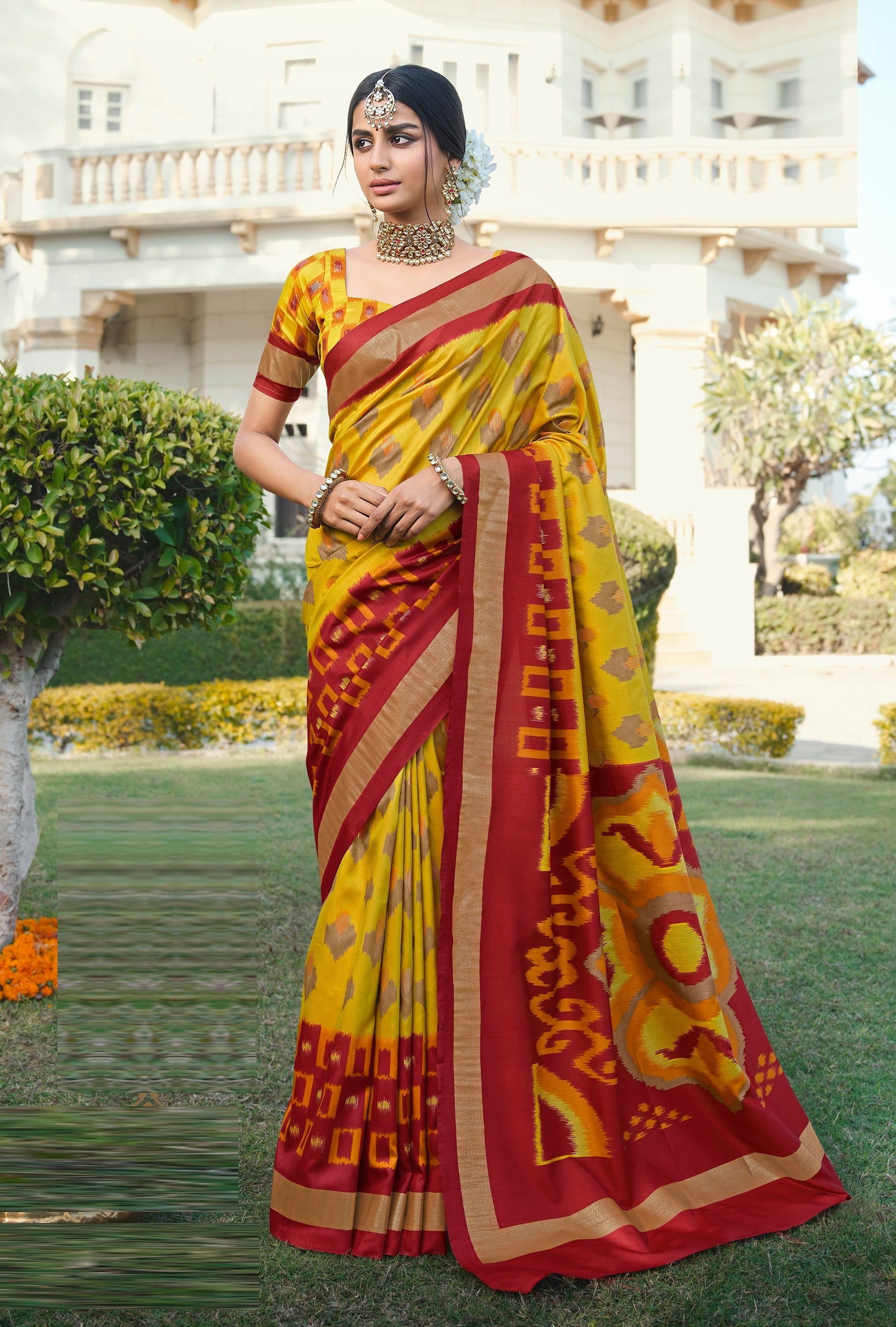 Lime Yellow and Red Color Bhagalpuri Silk Saree  - Tulip Collection YF#20870 - YellowFashion.in by Ozone Shield