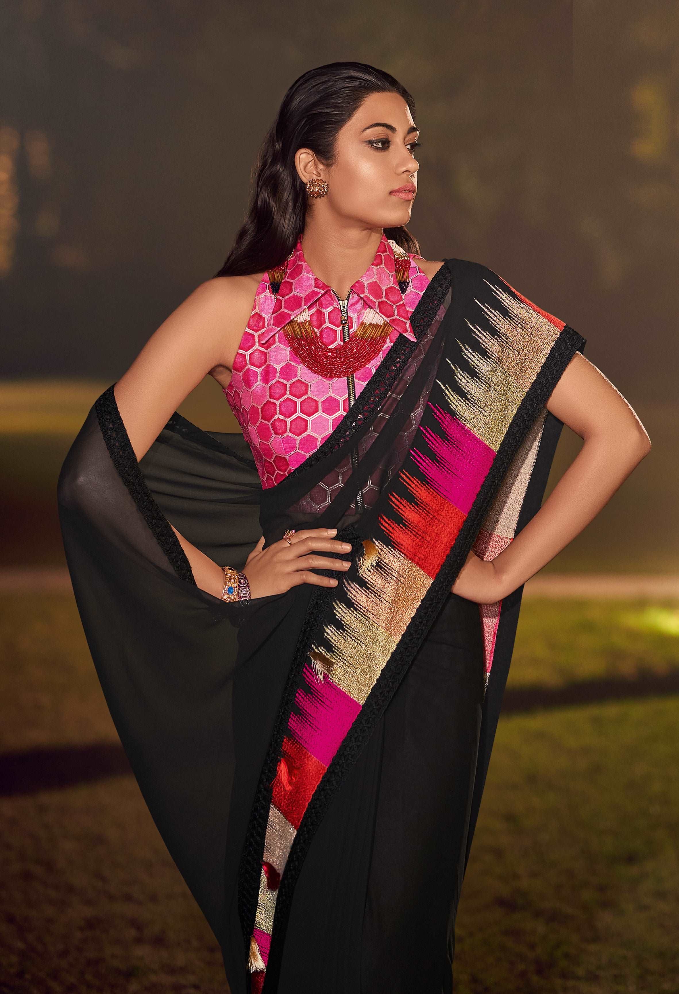 Black and Pink Color Chiffon Saree -  Shreesha  Collection YF#19547