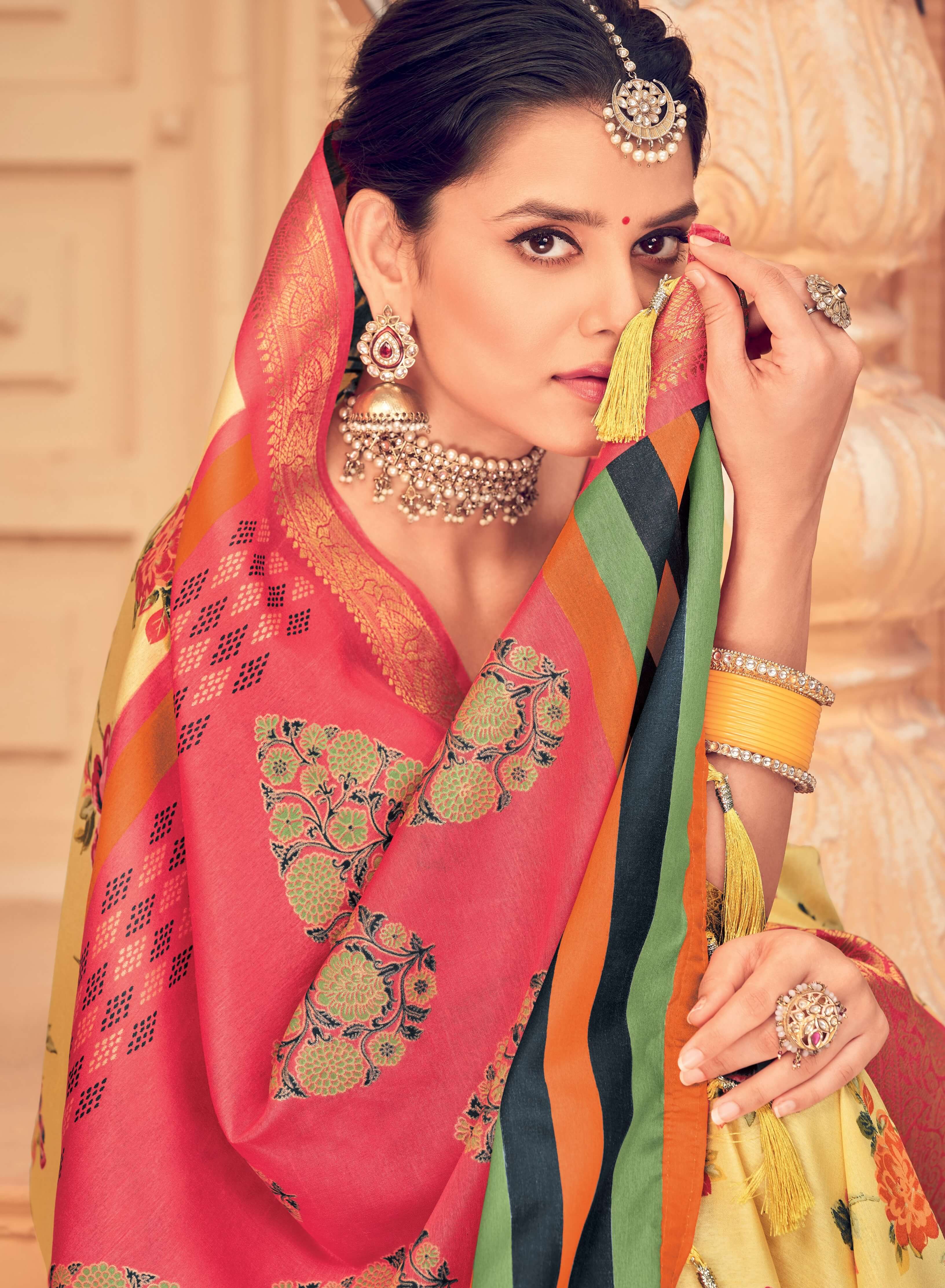 Yellow and Pink Color Bhagalpuri Silk Saree  - Nived Collection YF#21687 - YellowFashion.in by Ozone Shield