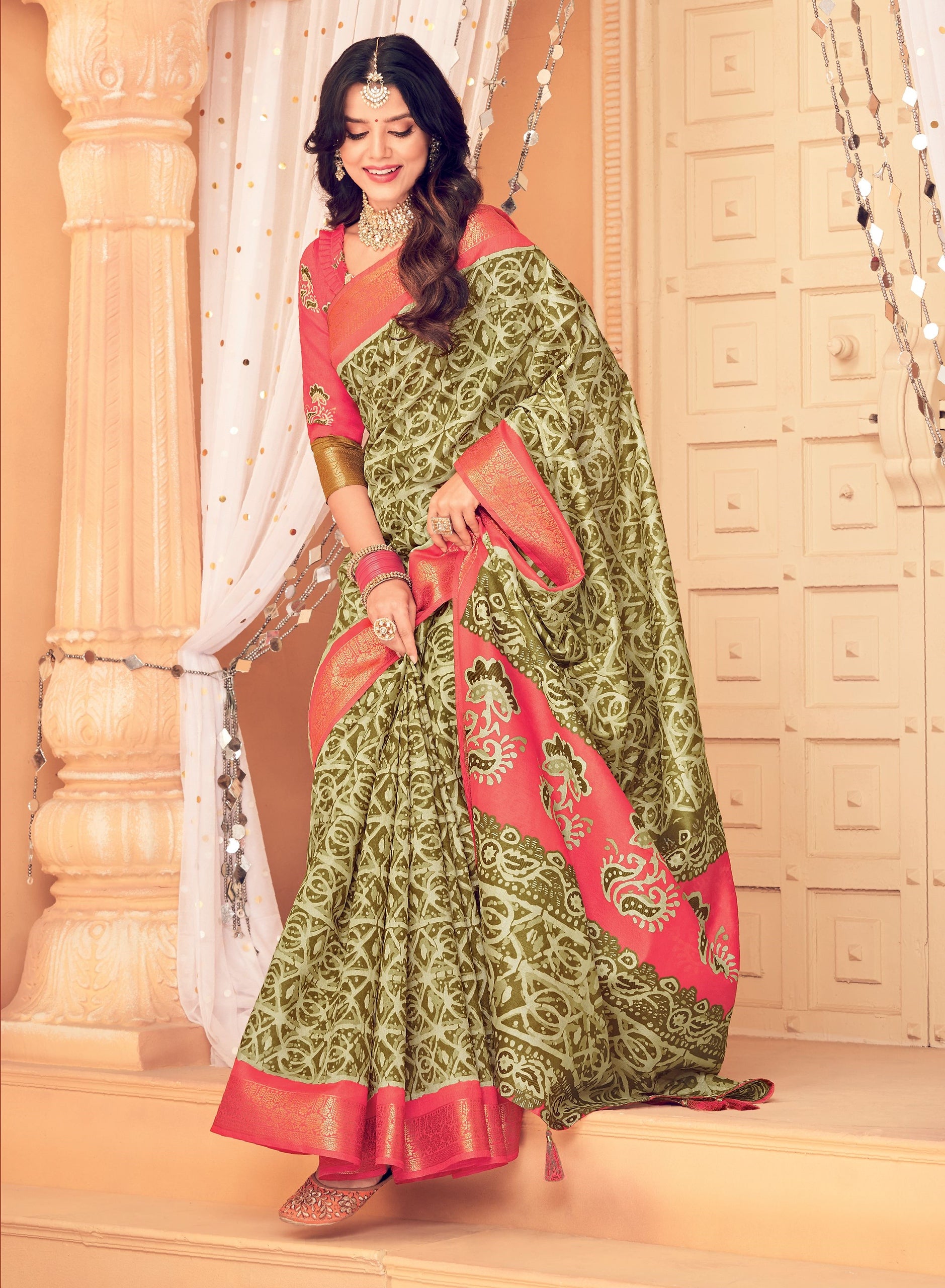 Green and Pink Color Bhagalpuri Silk Saree  - Nived Collection YF#21695 - YellowFashion.in by Ozone Shield