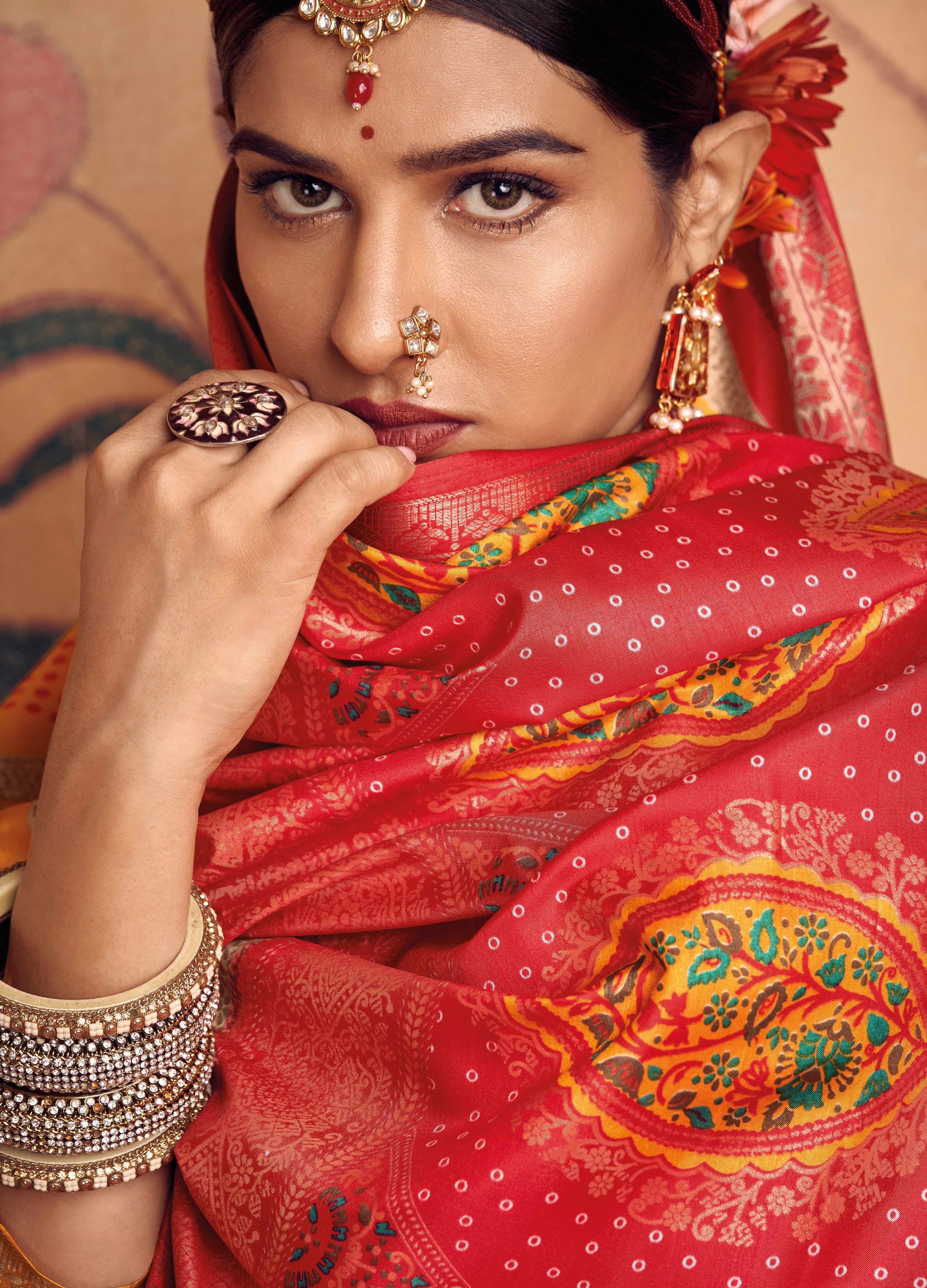 Yellow and Red Color Bhagalpuri Silk Saree  -Darshik Collection YF#22118