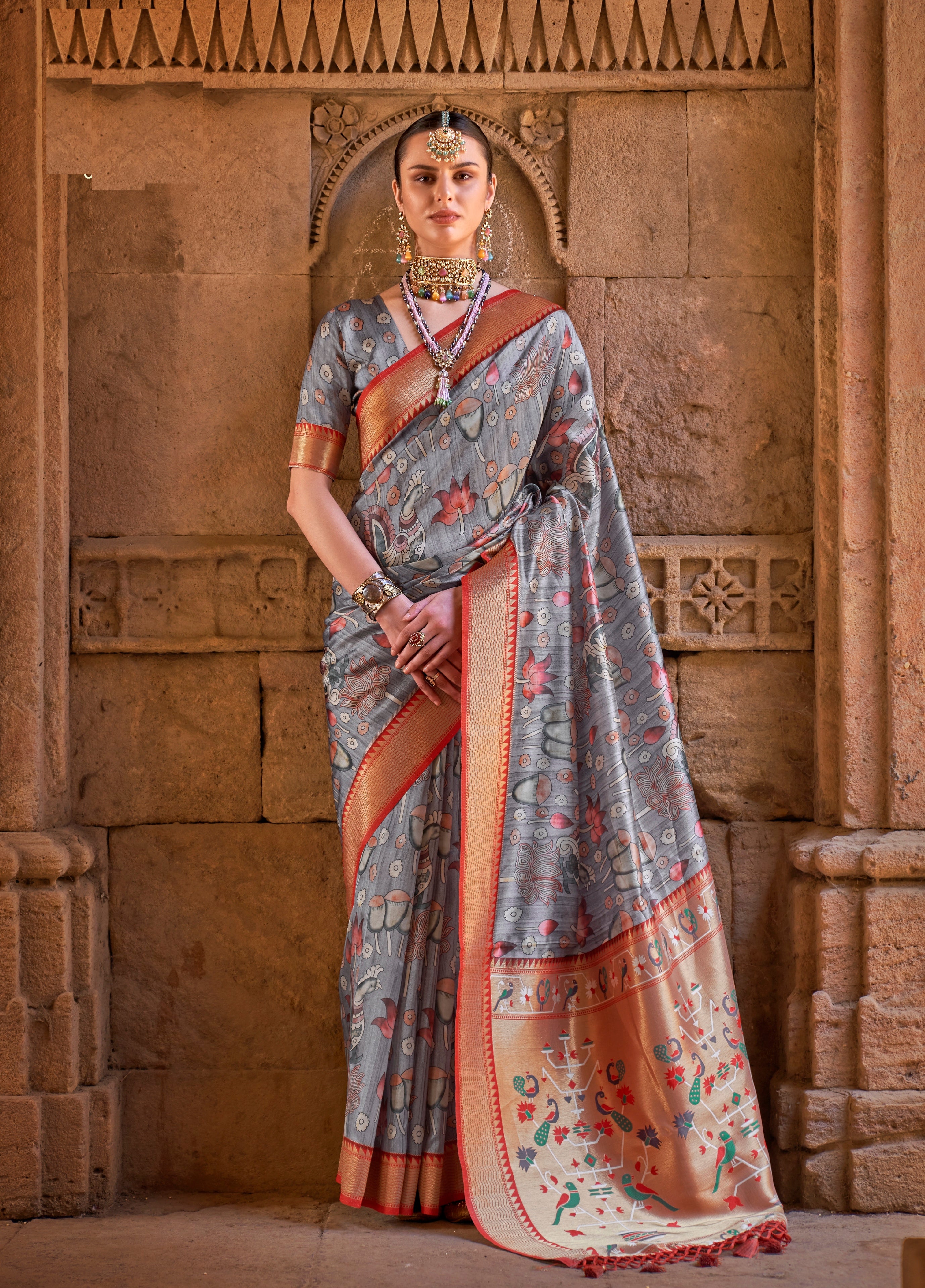 Grey Color Digital Printed Paithani Silk Saree -Shavan  Collection YF#24152