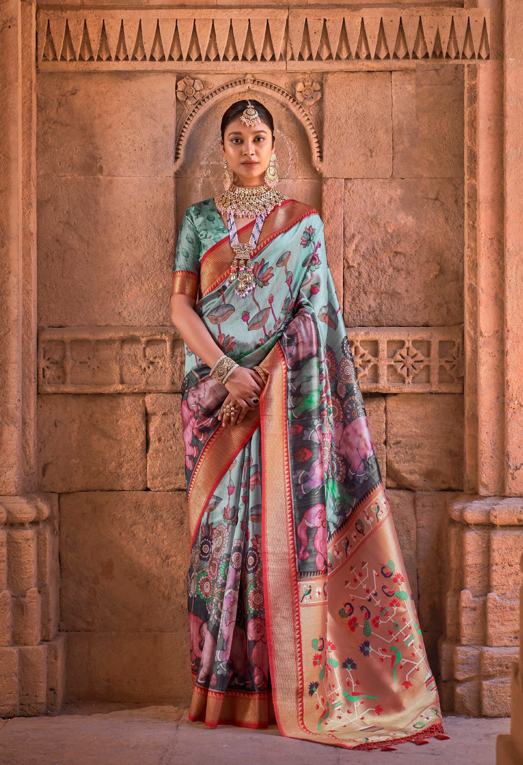 Powder Blue Color Digital Printed Paithani Silk Saree -Shavan  Collection YF#24157