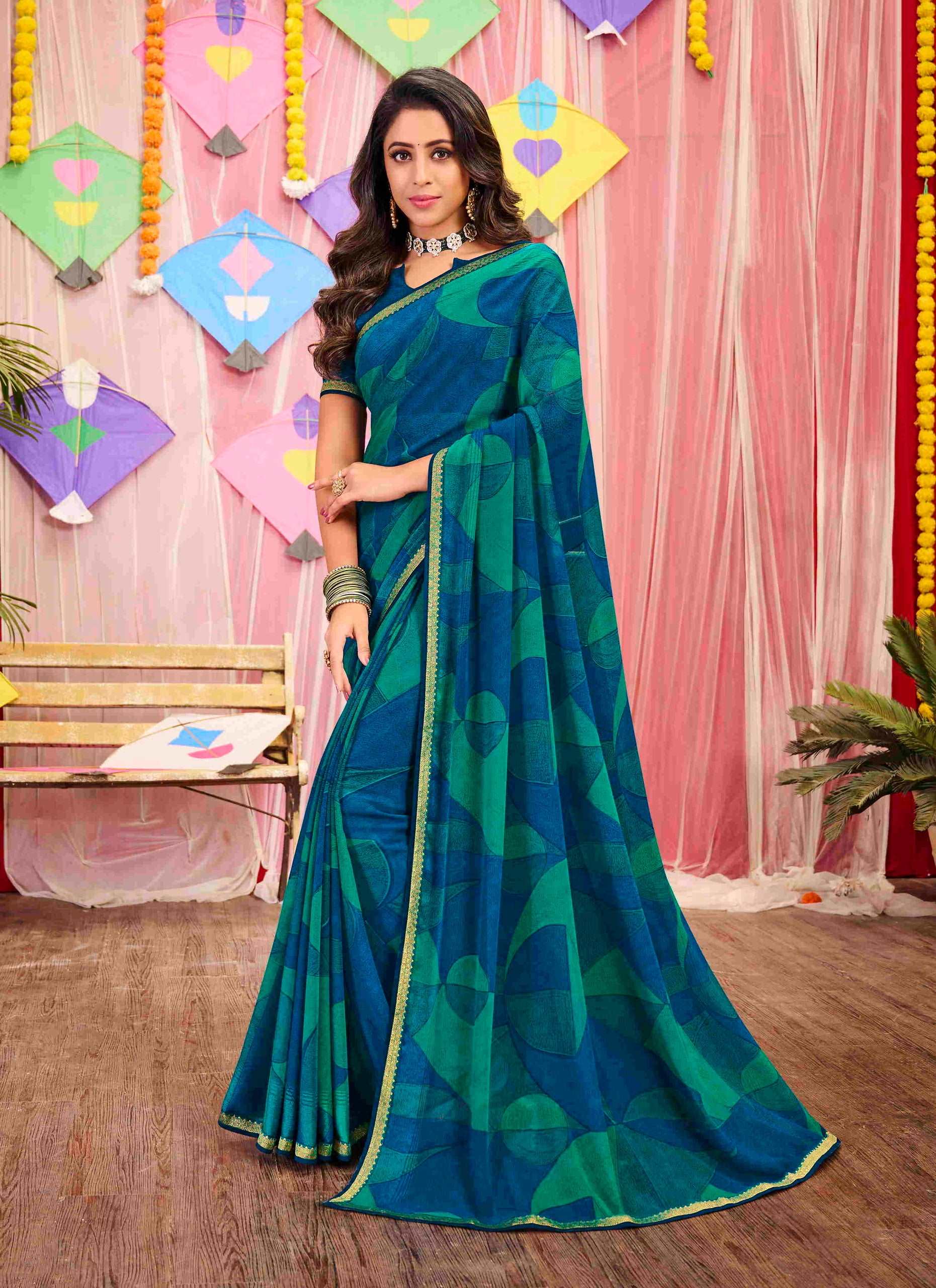Blue and Green Color Georgette Saree