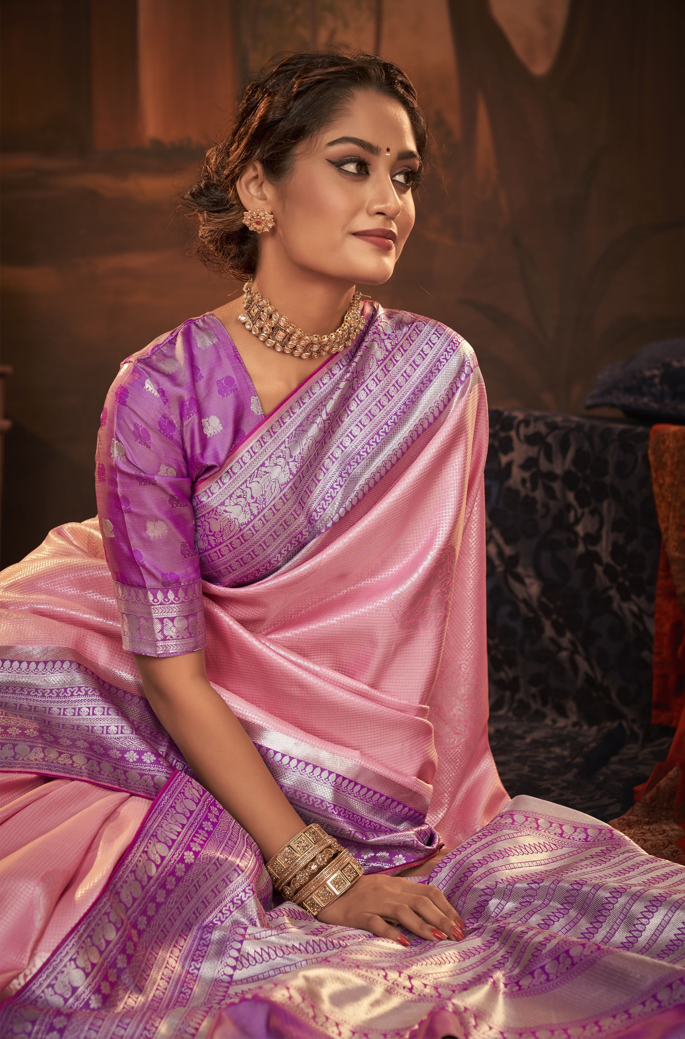 Pink and Purple Color Kanchivaram Silk   Traditional Wear Silk Saree -Barkhaa Collection YF#22903