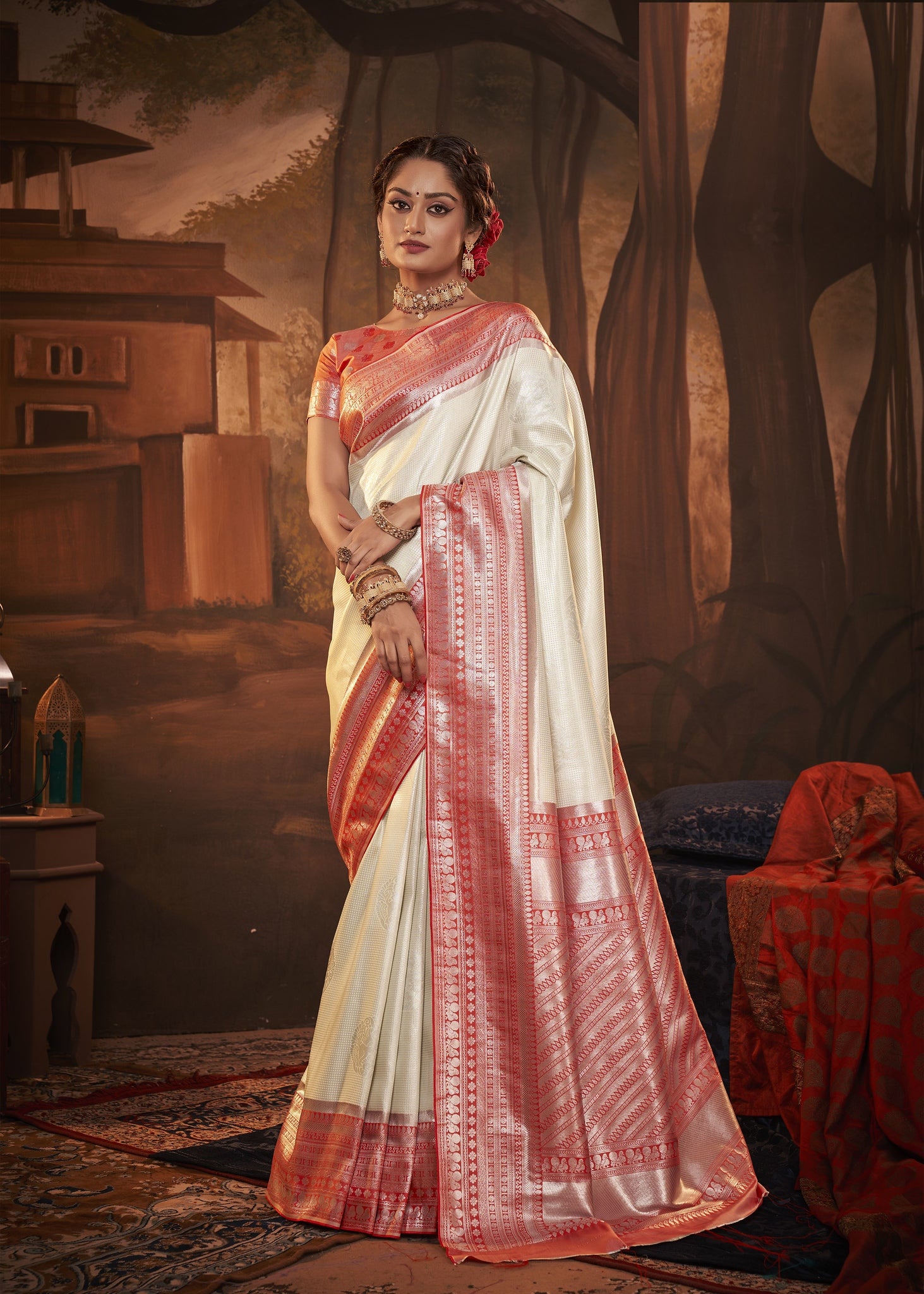 Pearl White and Red Color Kanchivaram Silk   Traditional Wear Silk Saree -Barkhaa Collection YF#22906