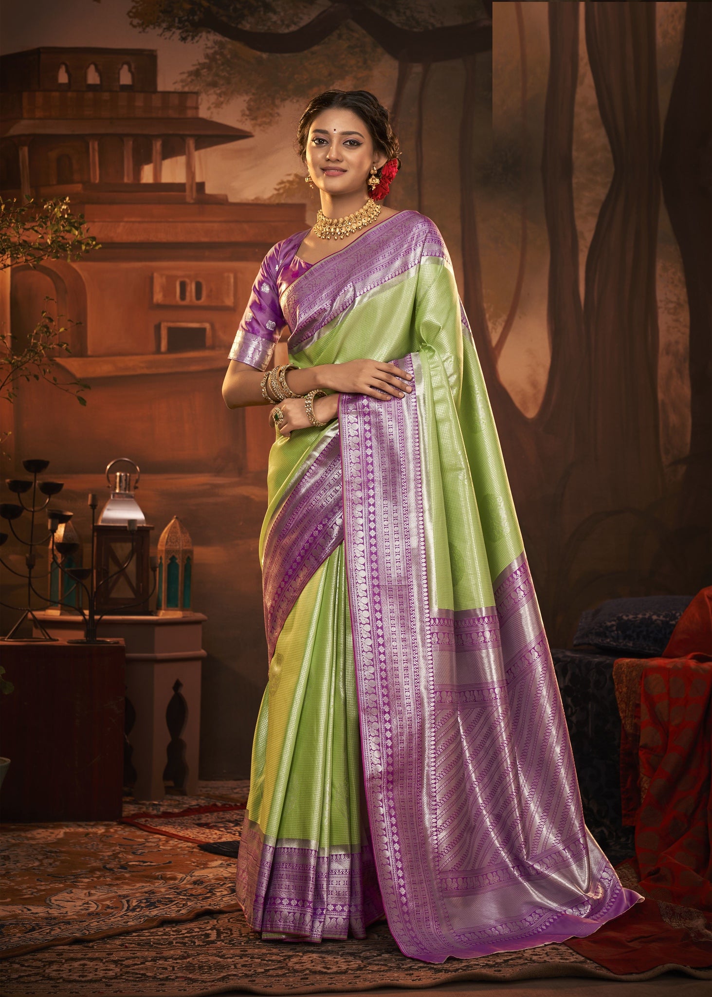 Green and Purple Color Kanchivaram Silk   Traditional Wear Silk Saree -Barkhaa Collection YF#22907