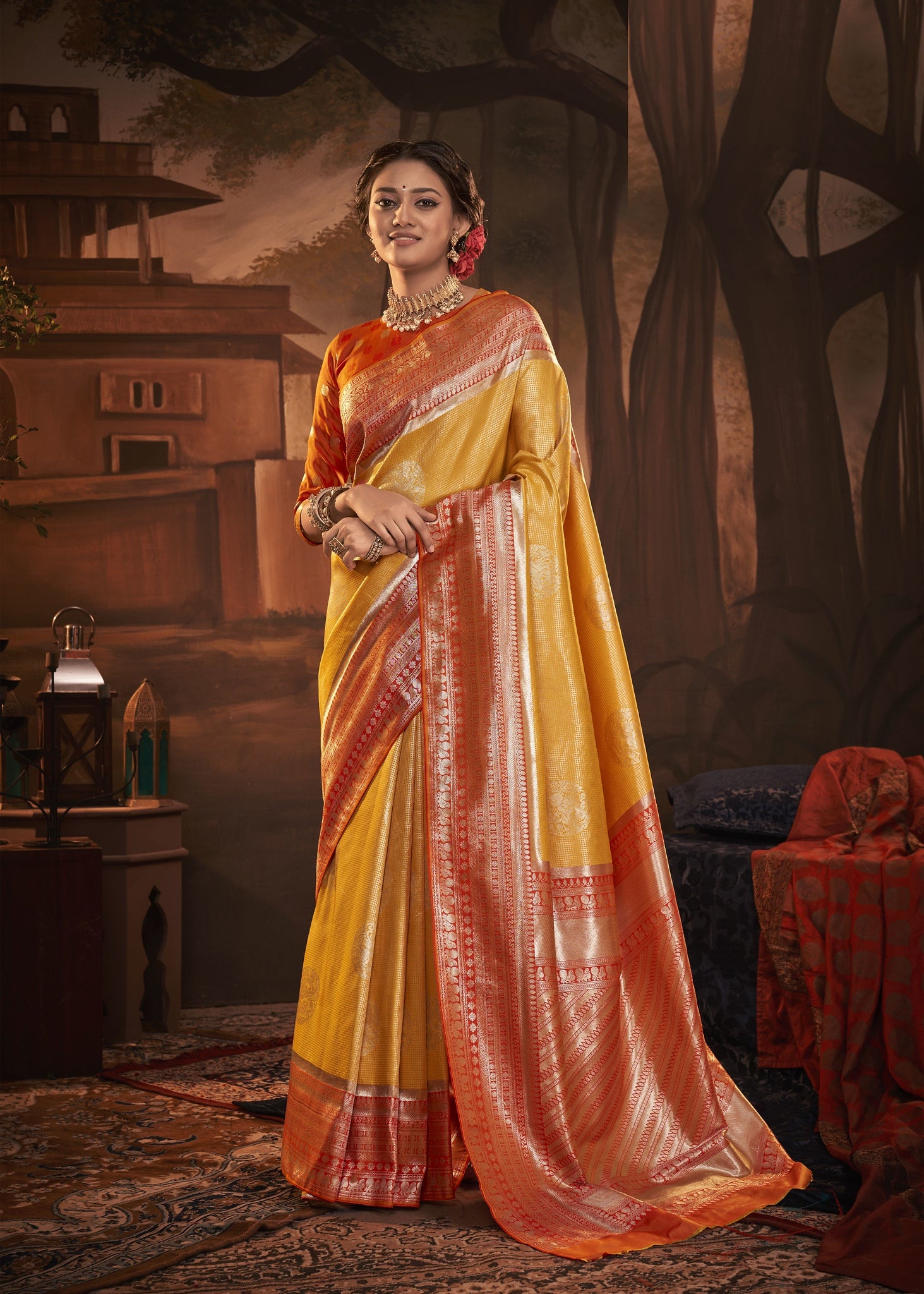 Yellow and Red Color Kanchivaram Silk   Traditional Wear Silk Saree -Barkhaa Collection YF#22908