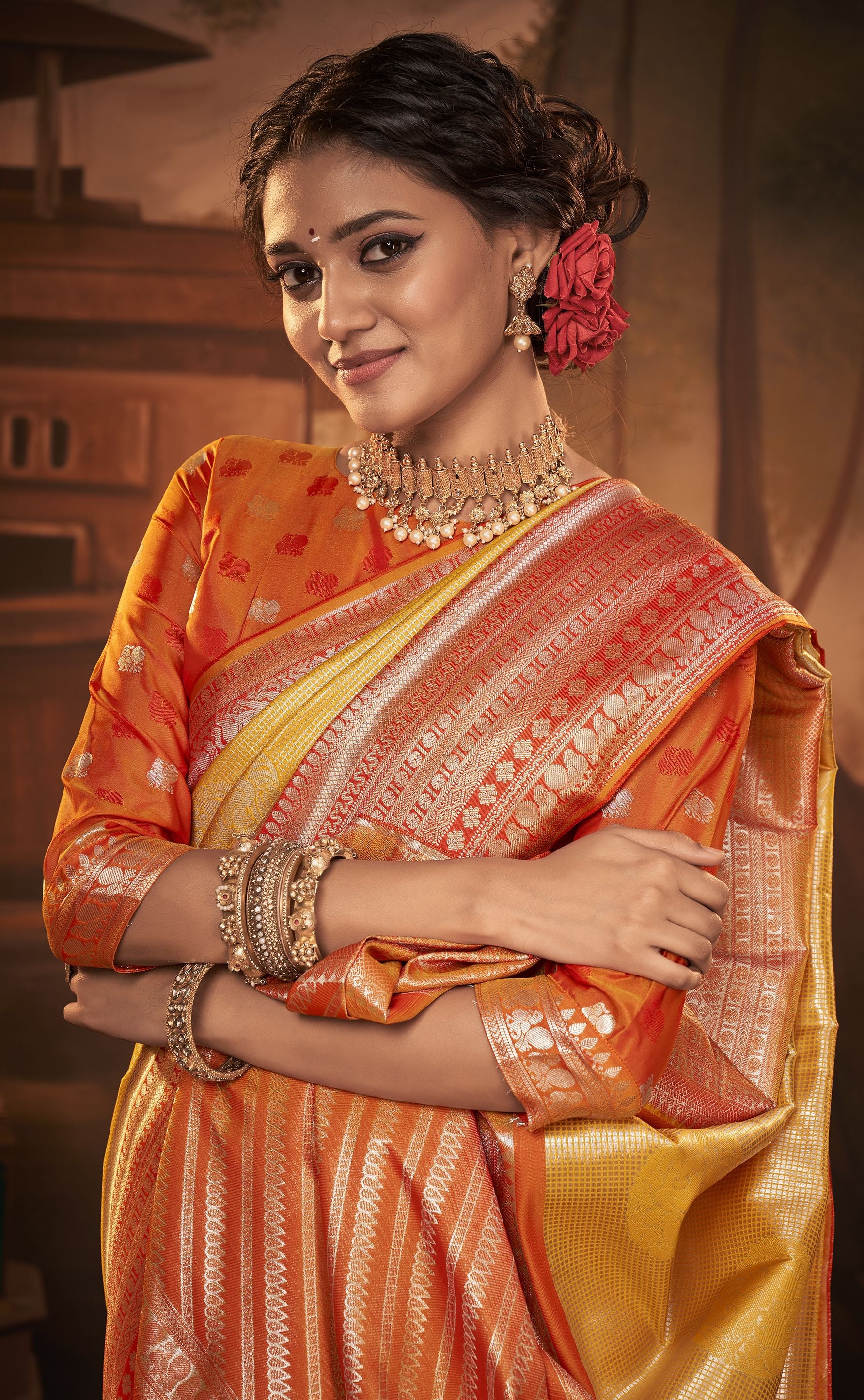 Yellow and Red Color Kanchivaram Silk   Traditional Wear Silk Saree -Barkhaa Collection YF#22908