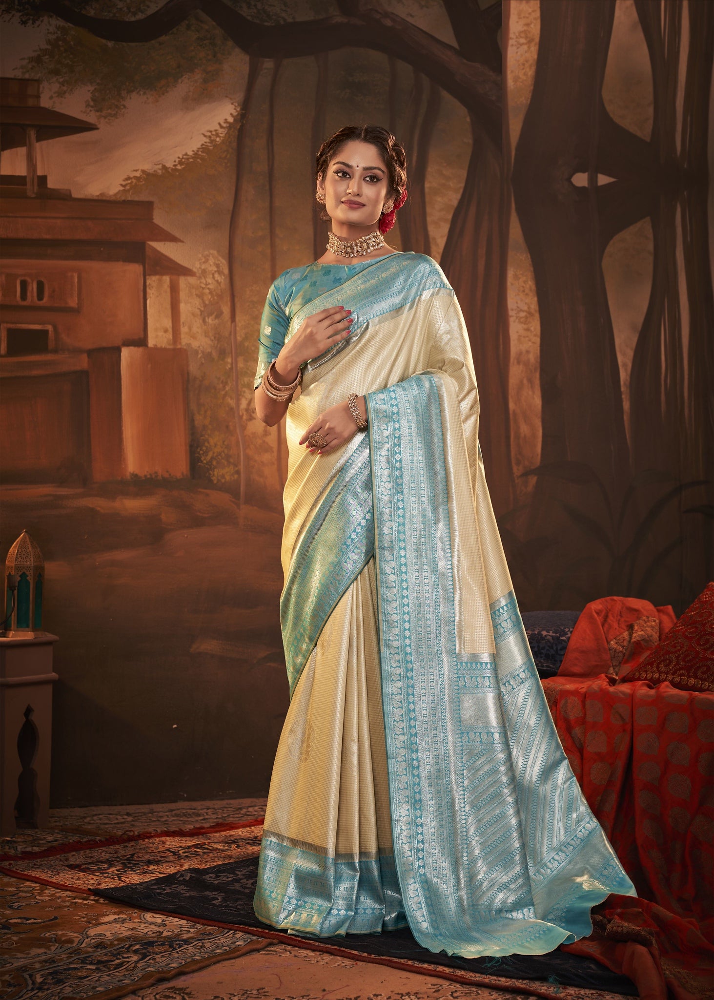 Cream and Blue Color Kanchivaram Silk   Traditional Wear Silk Saree -Barkhaa Collection YF#22909