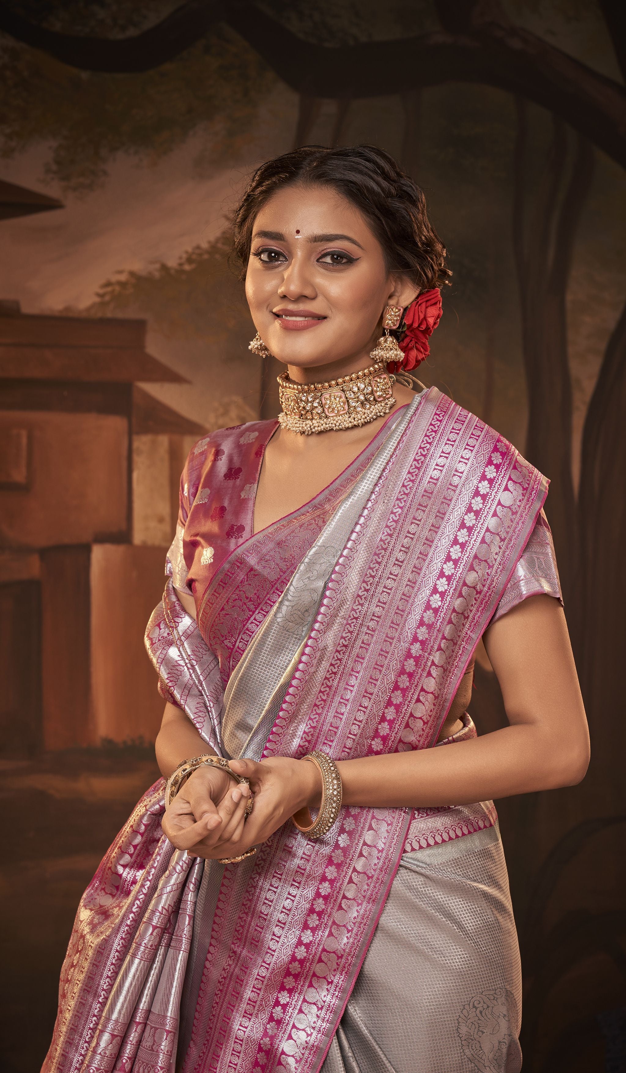 Grey and Pink Color Kanchivaram Silk   Traditional Wear Silk Saree -Barkhaa Collection YF#22910