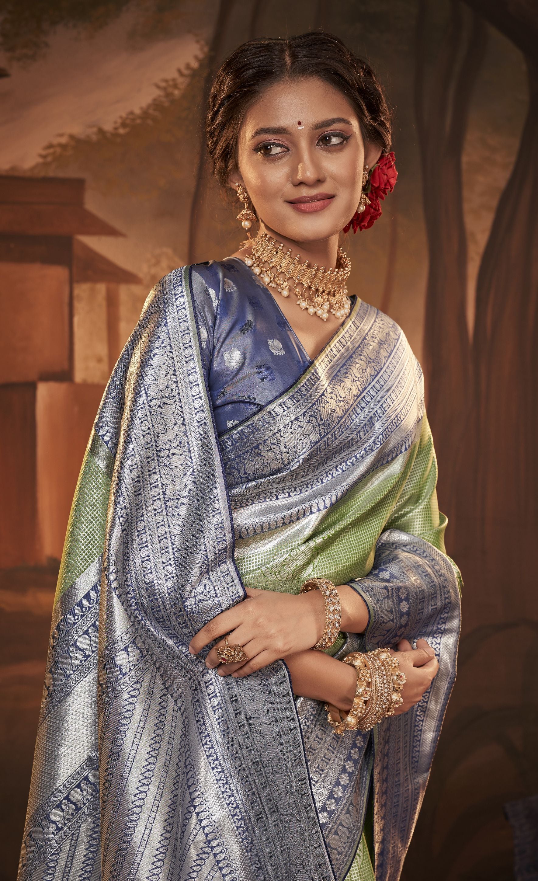 Green and Grey Color Kanchivaram Silk   Traditional Wear Silk Saree -Barkhaa Collection YF#22912