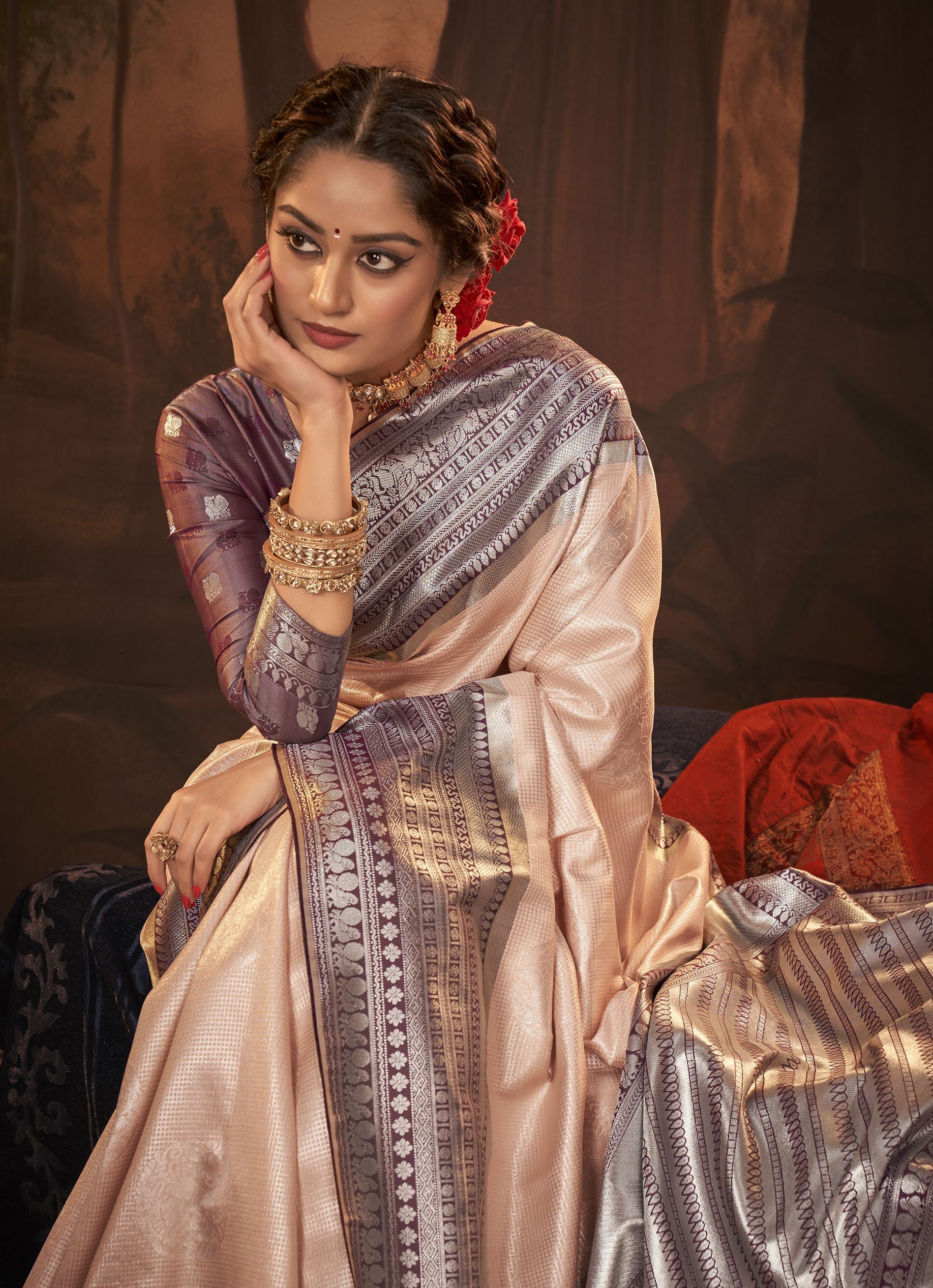 Cream Color Kanchivaram Silk   Traditional Wear Silk Saree -Barkhaa Collection YF#22913