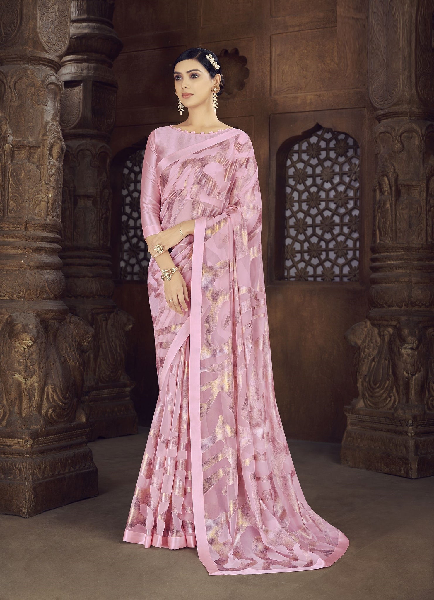 Pink Color Brasso Foil Print Saree - Shanvi  Collection YF#23008