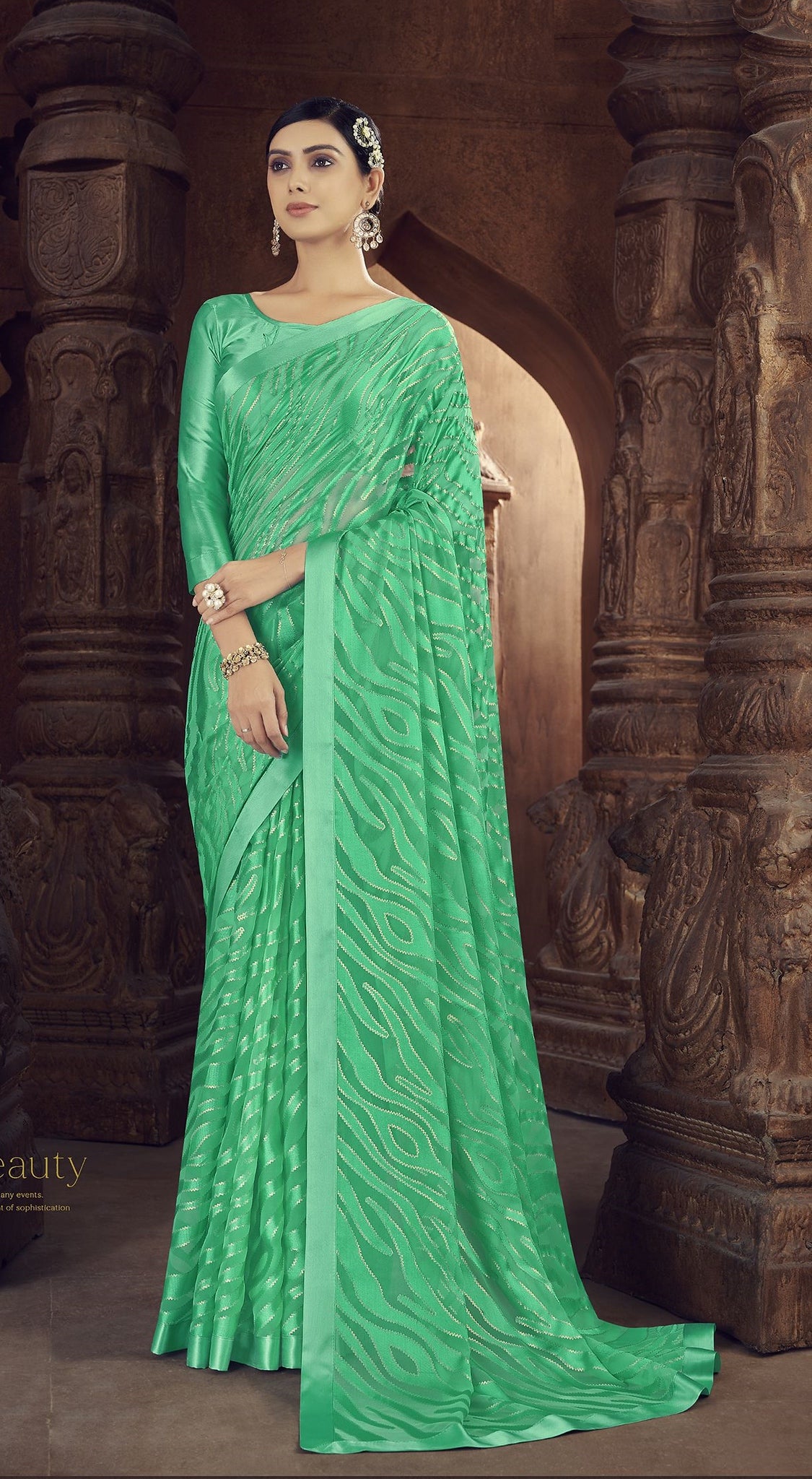 Green Color Brasso Foil Print Saree - Shanvi  Collection YF#23009