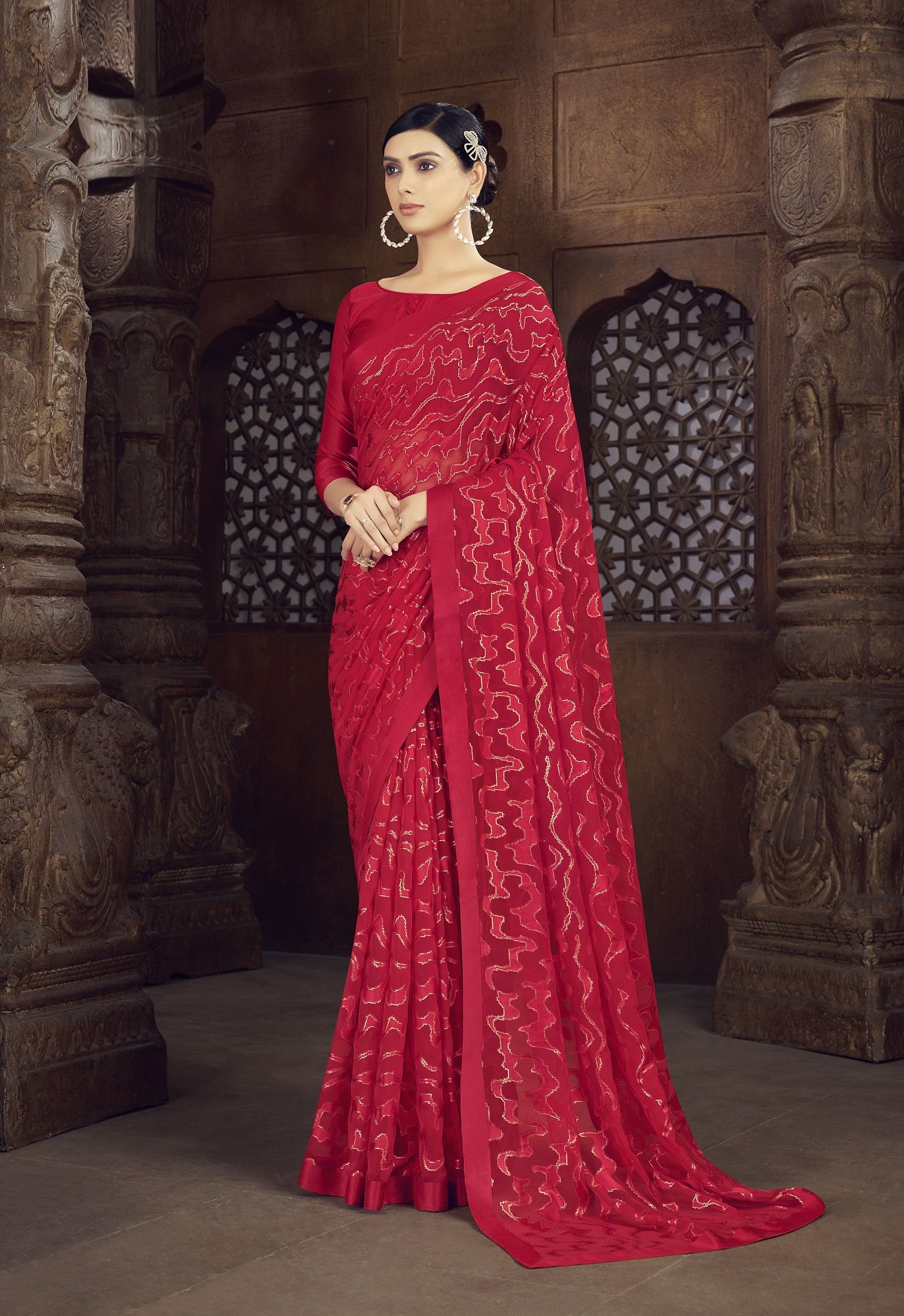 Red Color Brasso Foil Print Saree - Shanvi  Collection YF#23010
