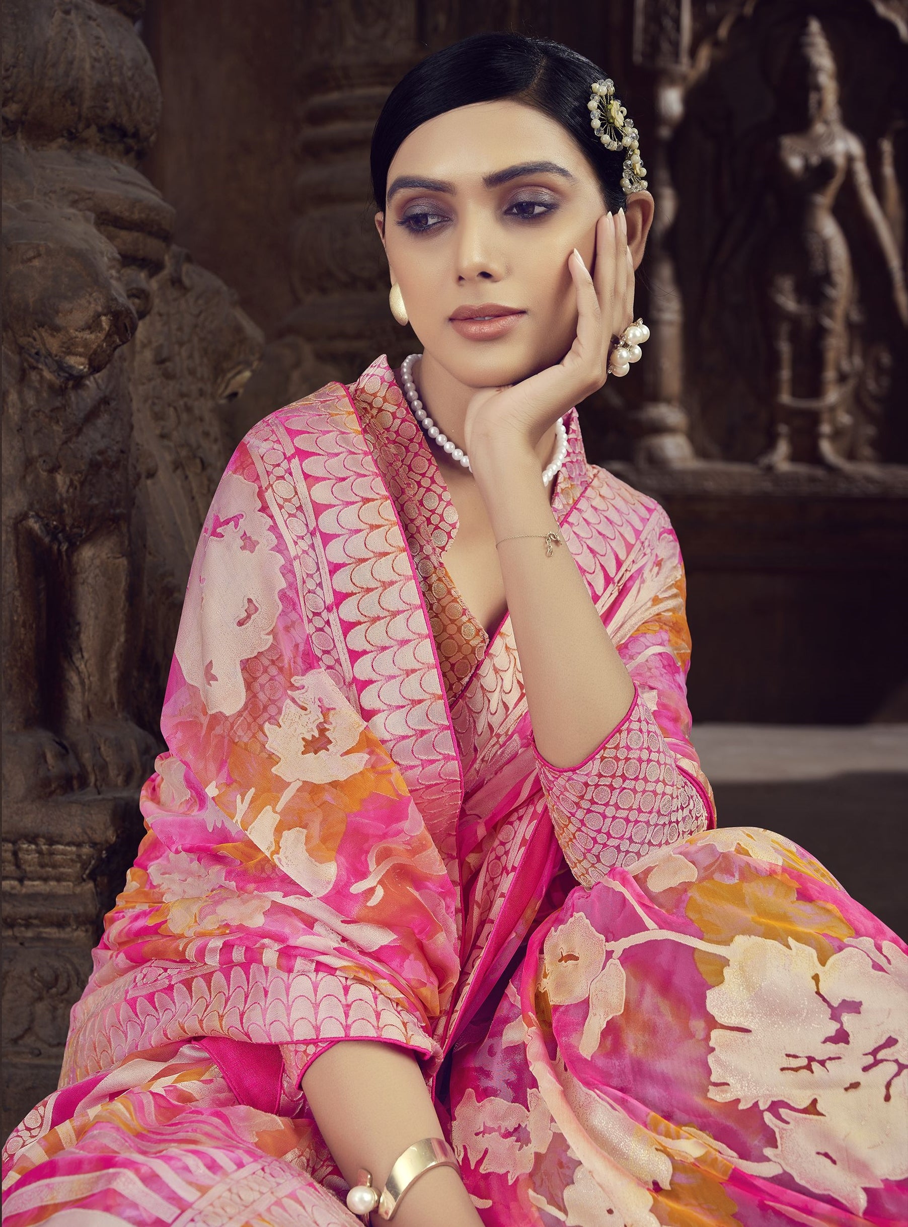 Pink Color Brasso Foil Print Saree - Shanvi  Collection YF#23013