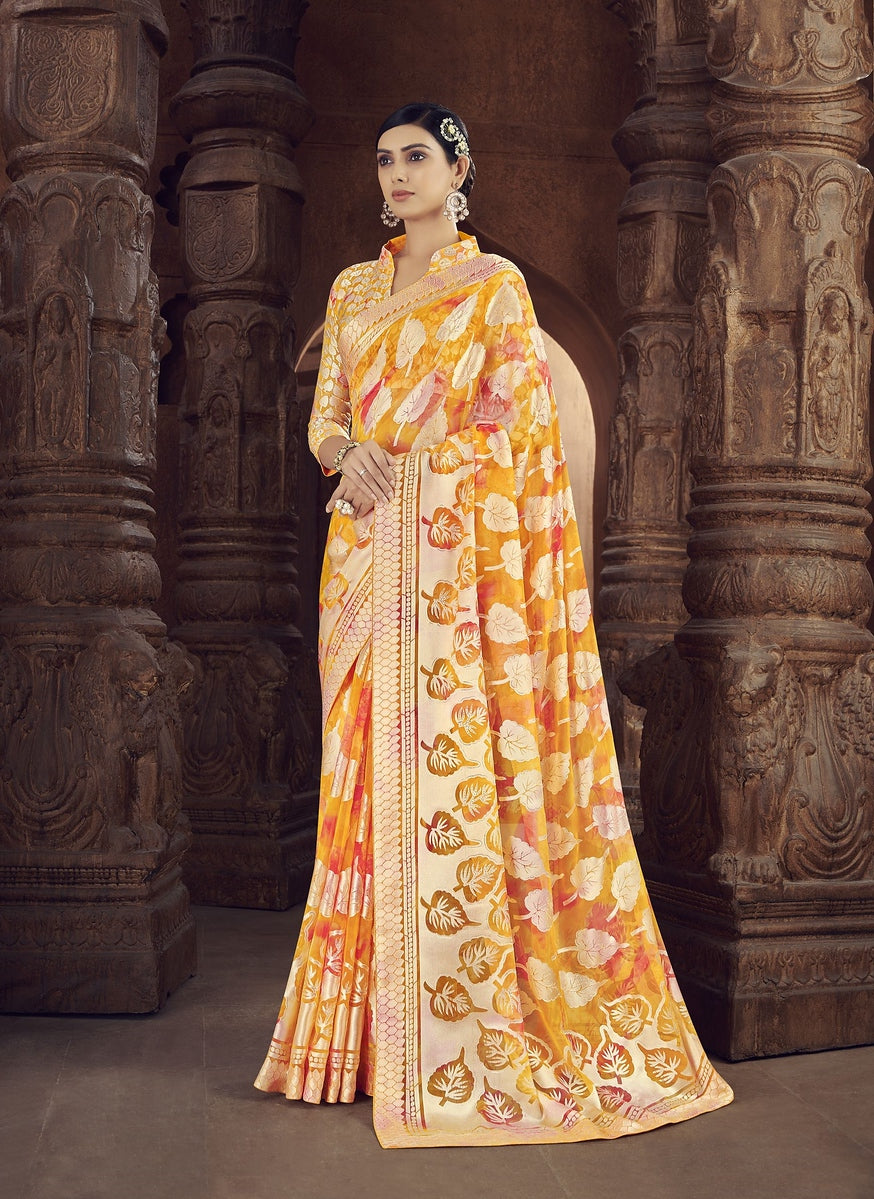 Yellow Color Brasso Foil Print Saree - Shanvi  Collection YF#23014